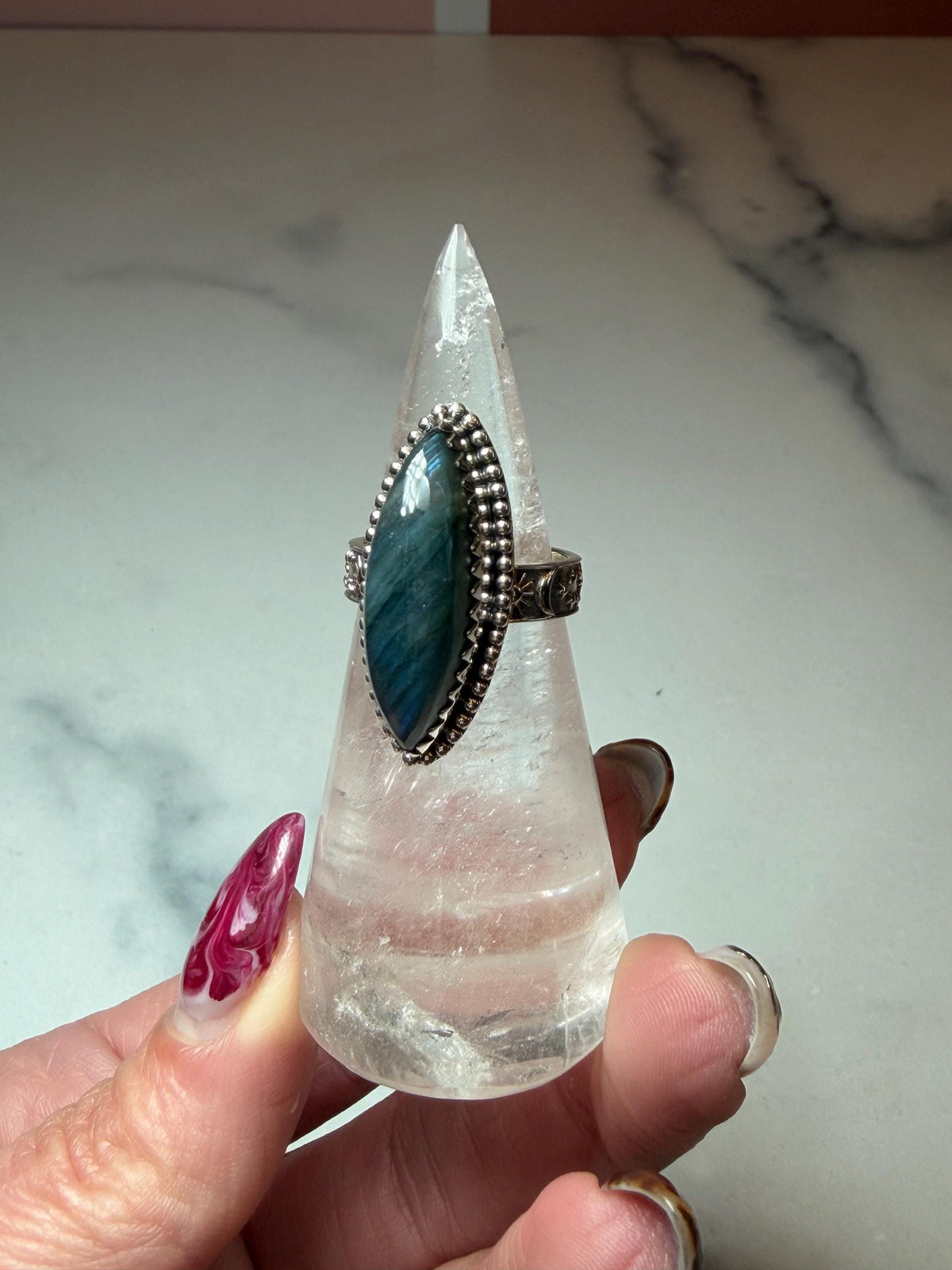 Marquis Labradorite Ring • Sterling Silver • Blue Green Flash Gemstone • Boho Statement Jewelry (size 6.5)