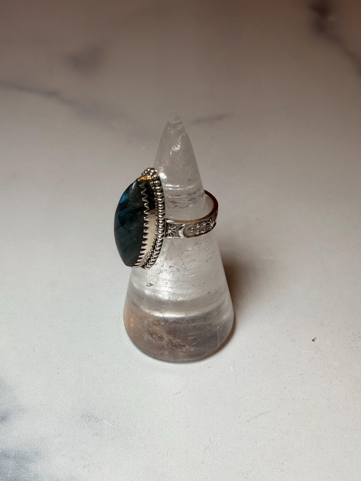 Marquis Labradorite Ring • Sterling Silver • Blue Green Flash Gemstone • Boho Statement Jewelry (size 6.5)
