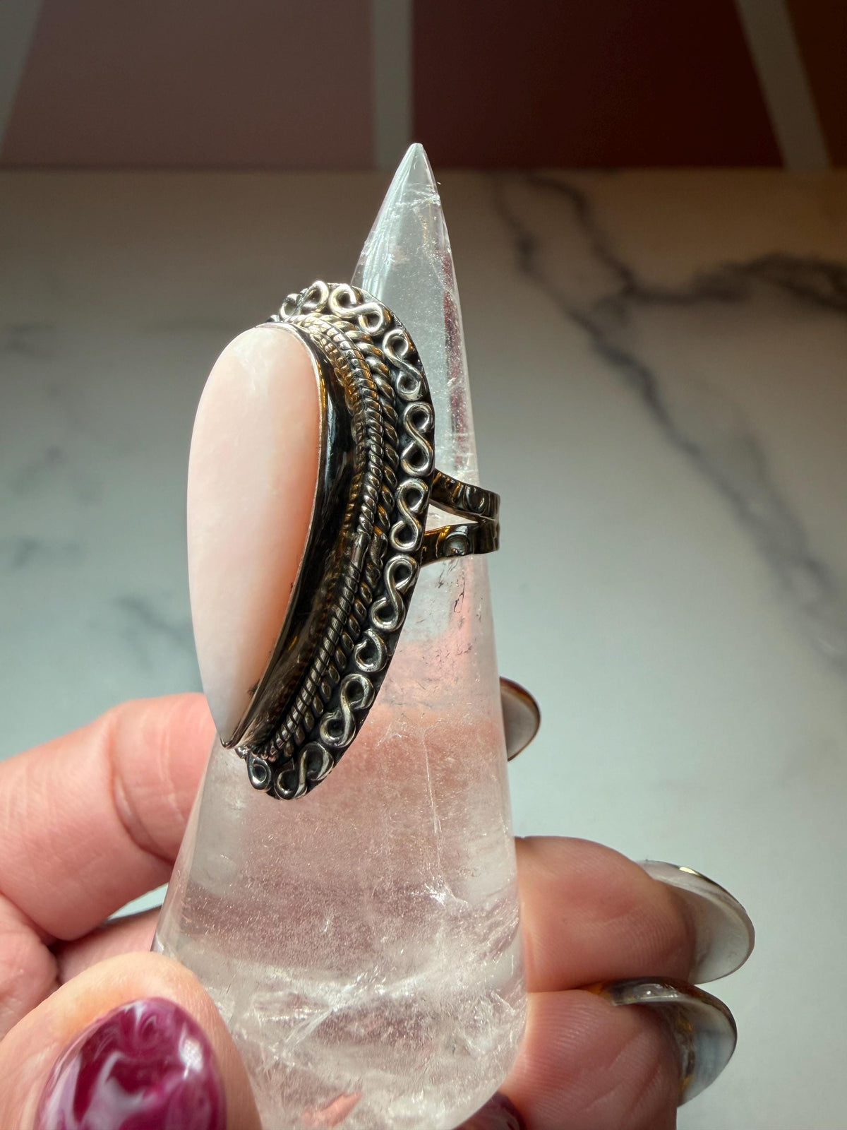 Pink Opal Teardrop Ring • Sterling Silver • Boho Gemstone Jewelry (size 6)