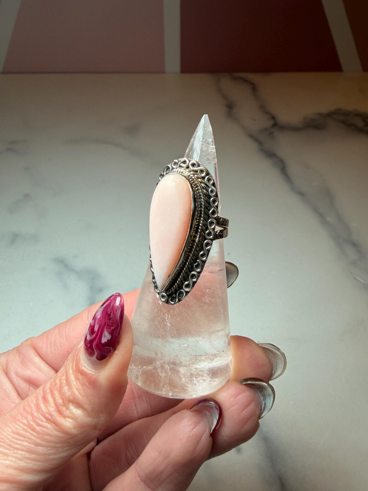 Pink Opal Teardrop Ring • Sterling Silver • Boho Gemstone Jewelry (size 6)