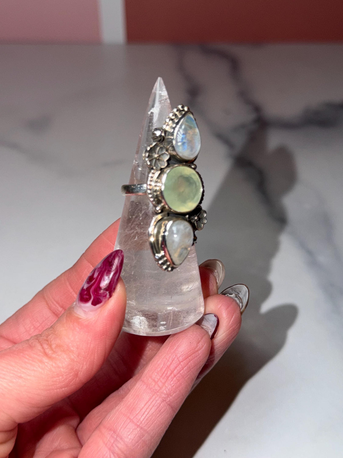 Triple Prehnite Moonstone Floral Ring • Sterling Silver Boho Statement Gemstone (Size 7)