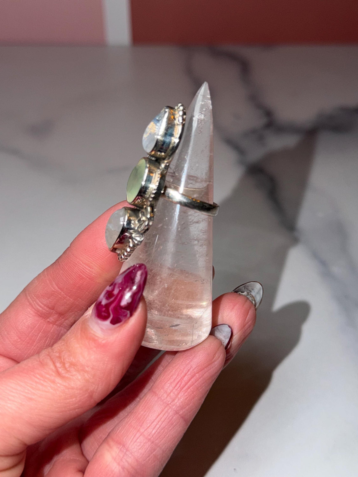 Triple Prehnite Moonstone Floral Ring • Sterling Silver Boho Statement Gemstone (Size 7)