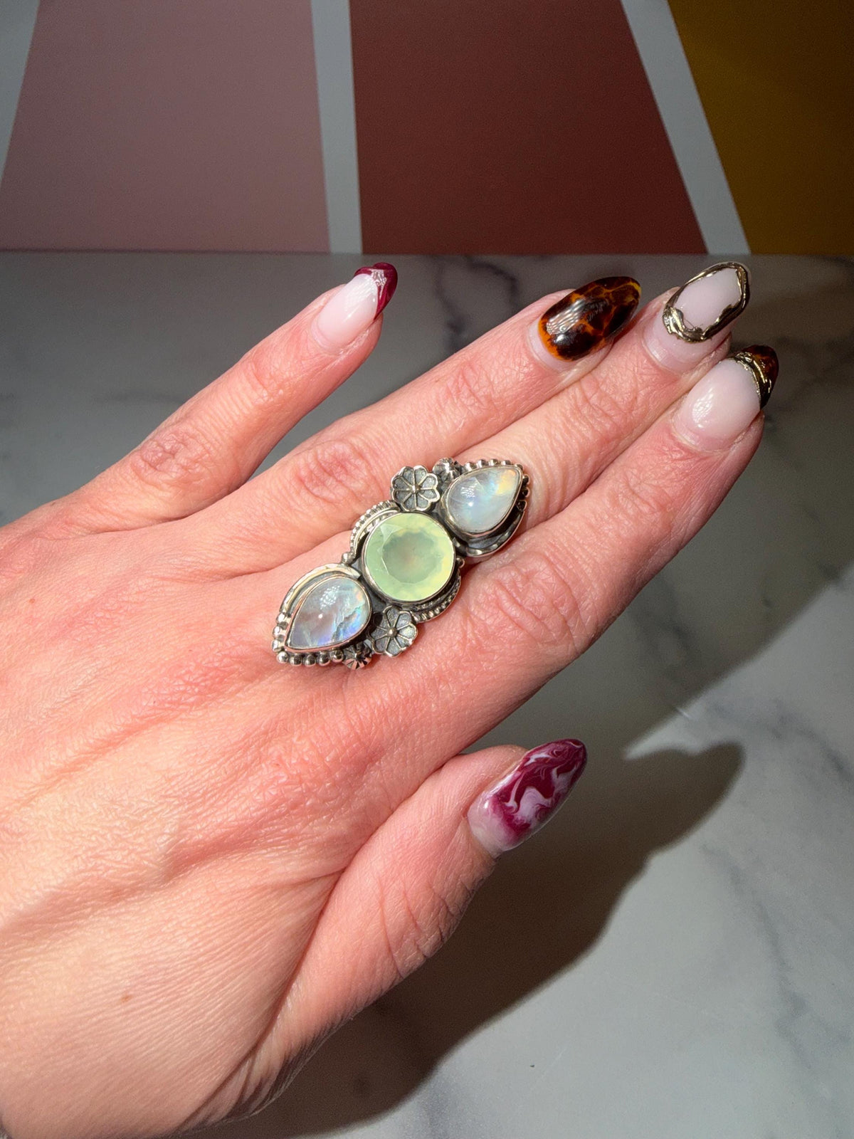 Triple Prehnite Moonstone Floral Ring • Sterling Silver Boho Statement Gemstone (Size 7)