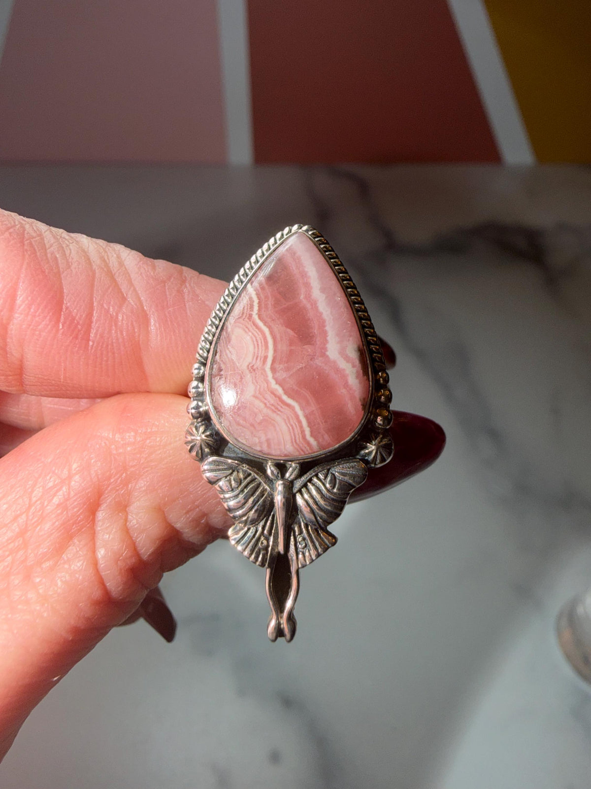 Rhodochrosite Luna Moth Ring • Sterling Silver Celestial Statement Jewelry (size 7)