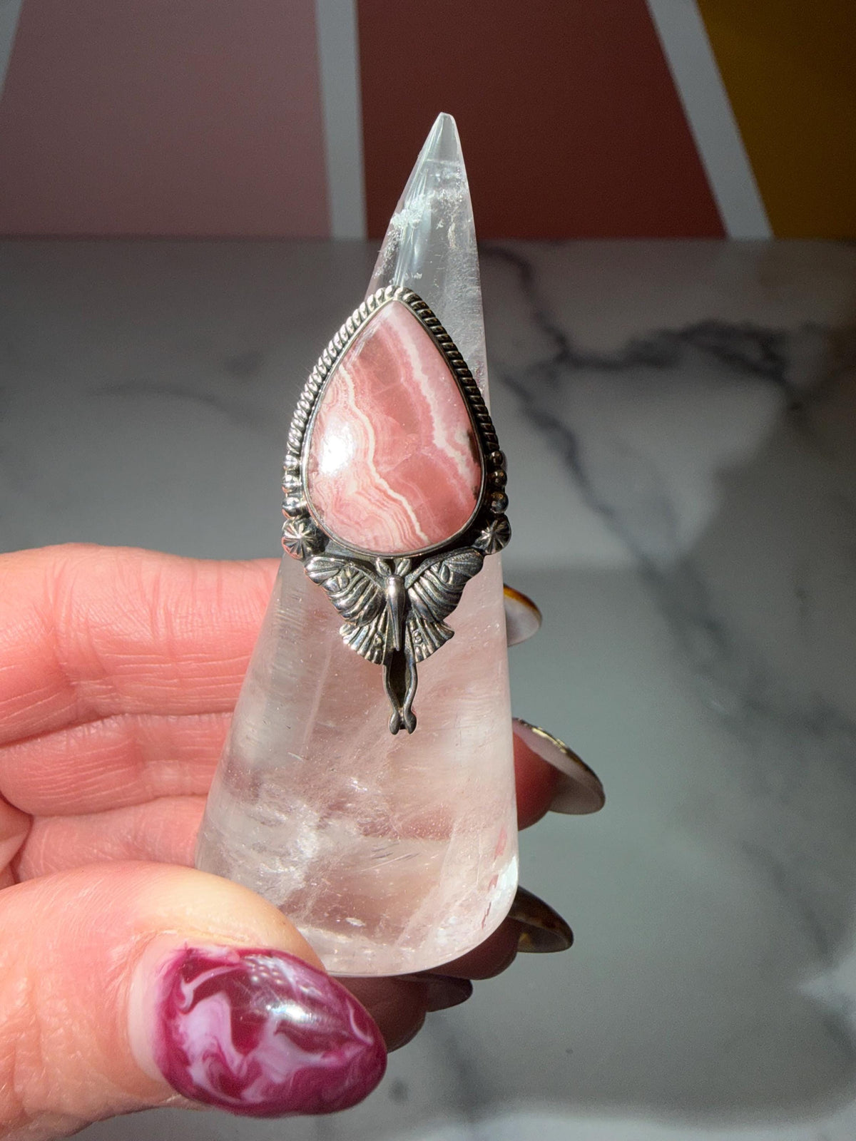Rhodochrosite Luna Moth Ring • Sterling Silver Celestial Statement Jewelry (size 7)