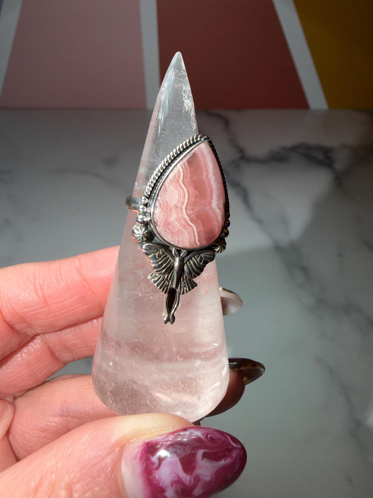 Rhodochrosite Luna Moth Ring • Sterling Silver Celestial Statement Jewelry (size 7)