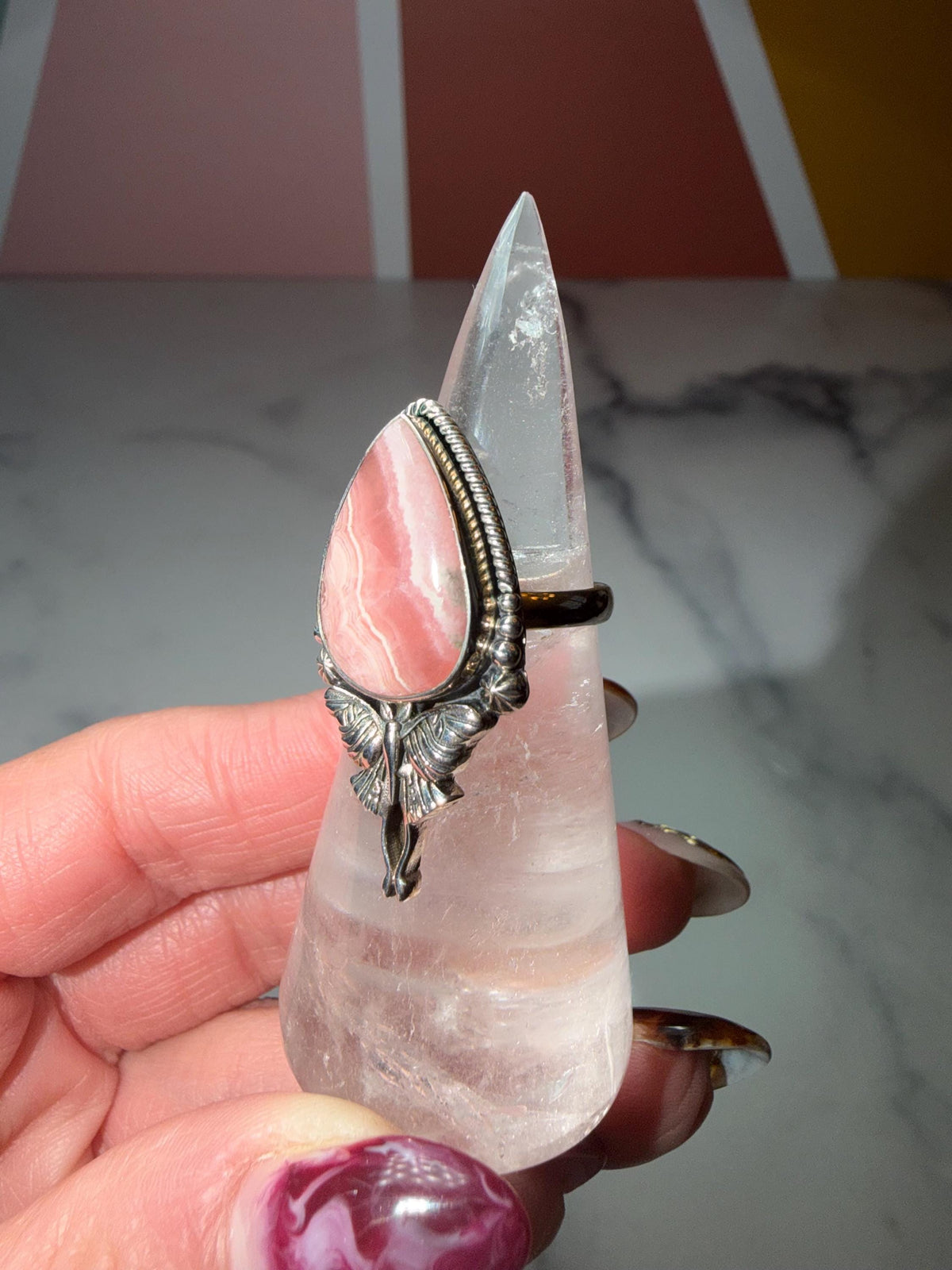 Rhodochrosite Luna Moth Ring • Sterling Silver Celestial Statement Jewelry (size 7)