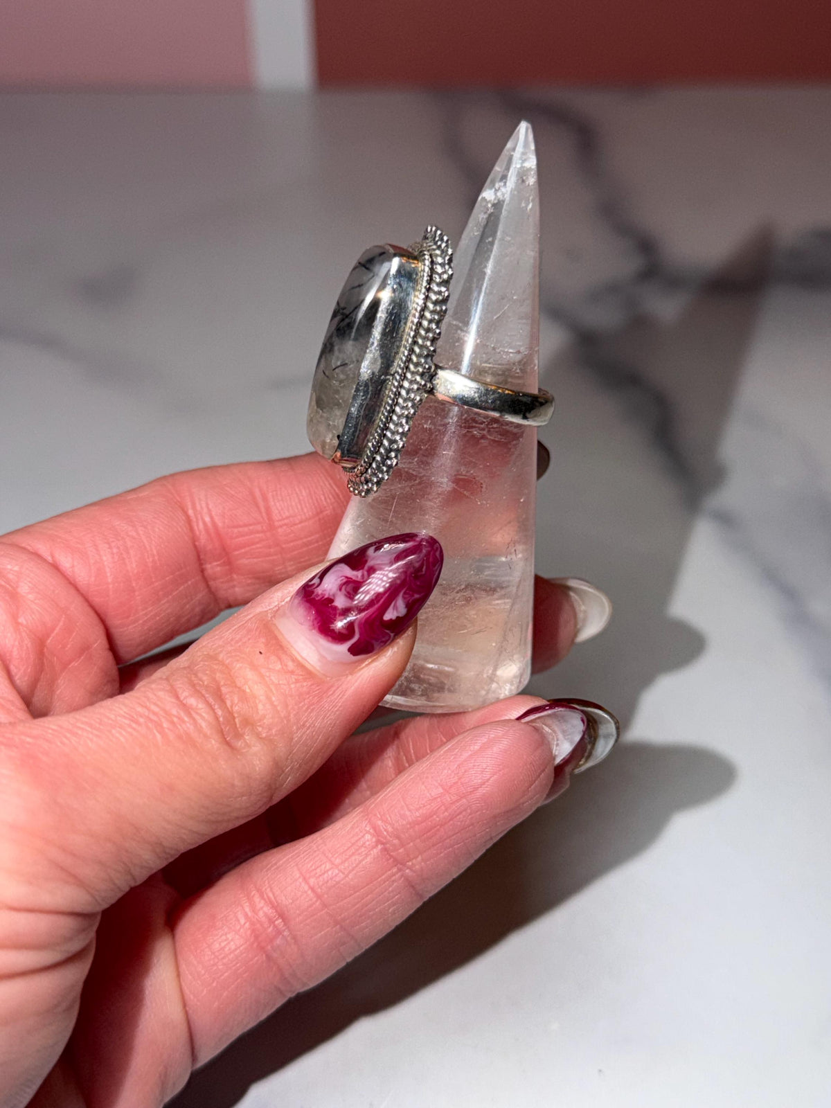 Sterling Silver Tourmaline Quartz Ring • Size 7 Statement Gemstone Boho Jewelry