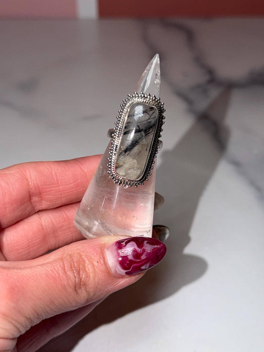 Sterling Silver Tourmaline Quartz Ring • Size 7 Statement Gemstone Boho Jewelry