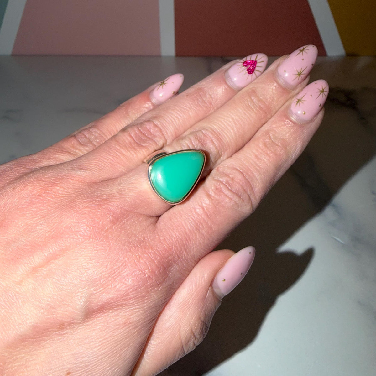 Chrysoprase Sterling Silver Ring • Boho Green Gemstone Statement Jewelry (Size 7)