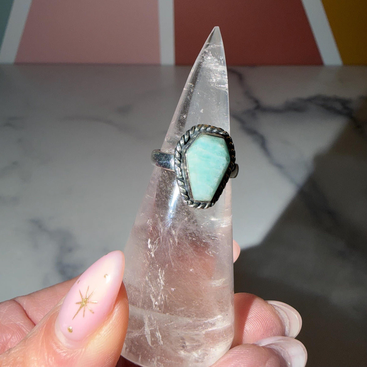 Amazonite Coffin Ring • 925 Sterling Silver • Size 6 • Gothic Gemstone Ring • Statement Crystal Jewelry • Boho Witchy Ring