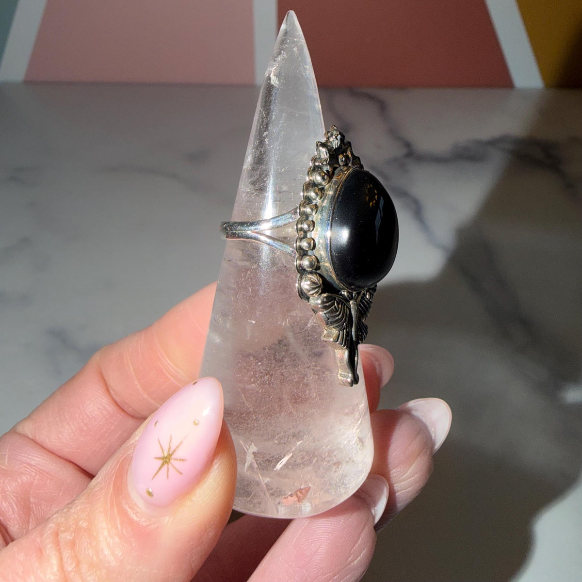 Black Onyx Luna Moth Ring • 925 Sterling Silver • Gothic Boho Statement Jewelry (Size 7)
