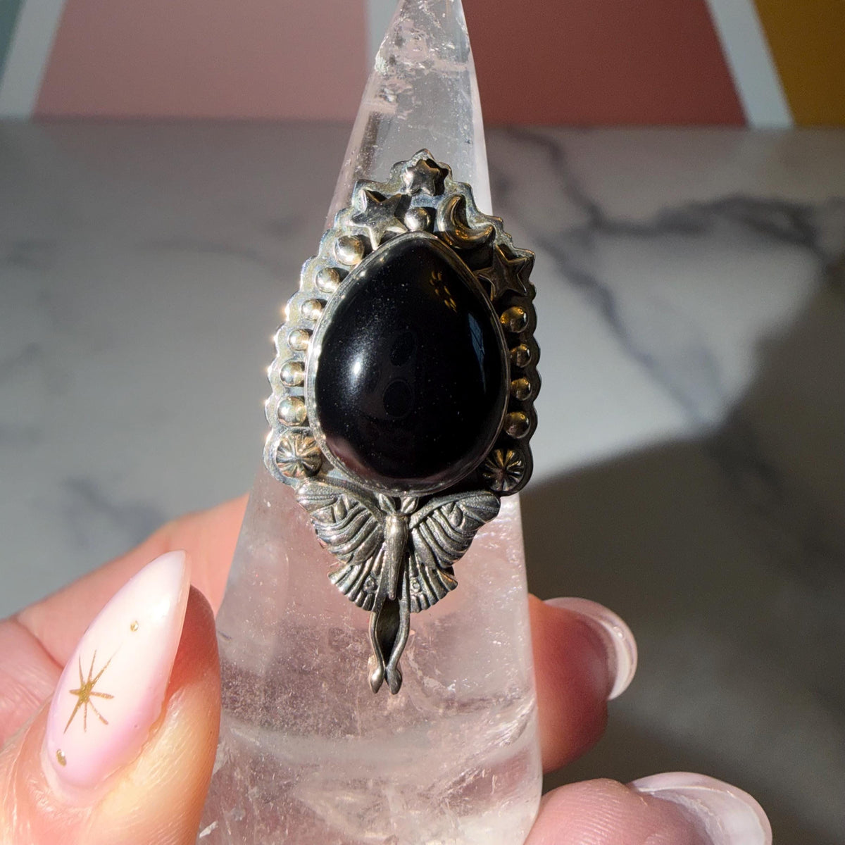 Black Onyx Luna Moth Ring • 925 Sterling Silver • Gothic Boho Statement Jewelry (Size 7)
