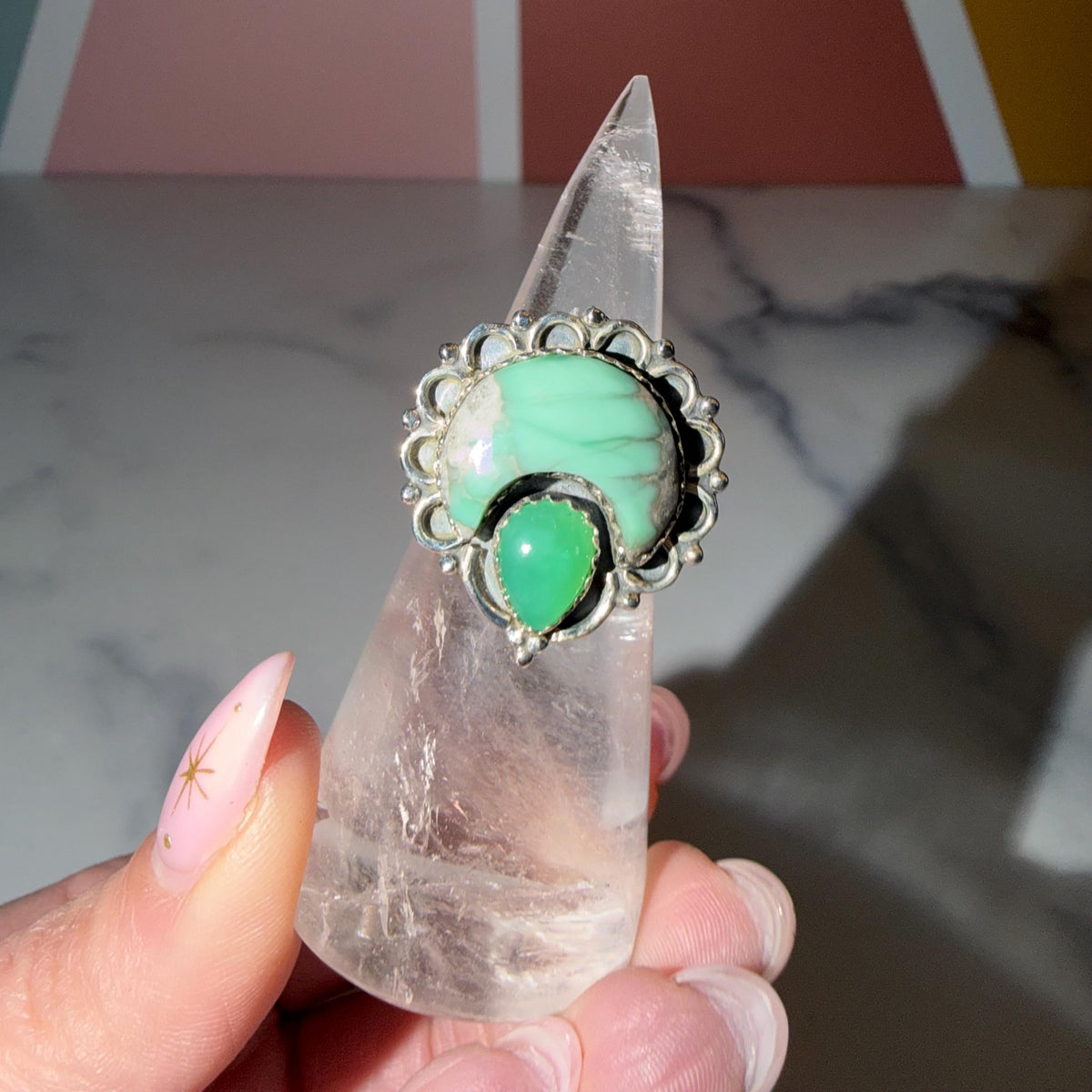 Variscite Chrysoprase Moon Ring • 925 Sterling Silver Statement Gemstone Boho Jewelry (Size 6)