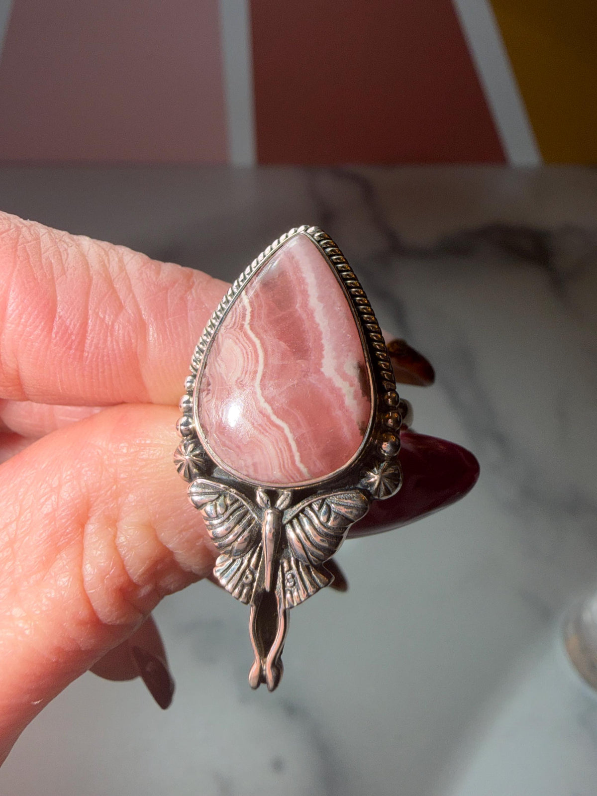 Rhodochrosite Luna Moth Ring • Sterling Silver Celestial Statement Jewelry (size 7)