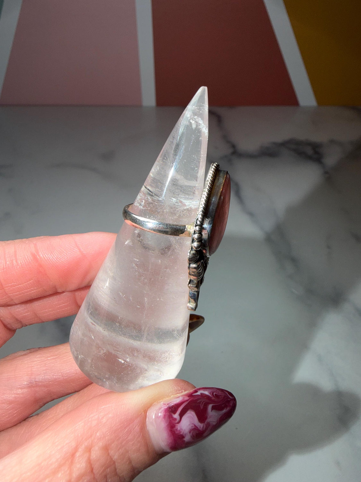 Rhodochrosite Luna Moth Ring • Sterling Silver Celestial Statement Jewelry (size 7)