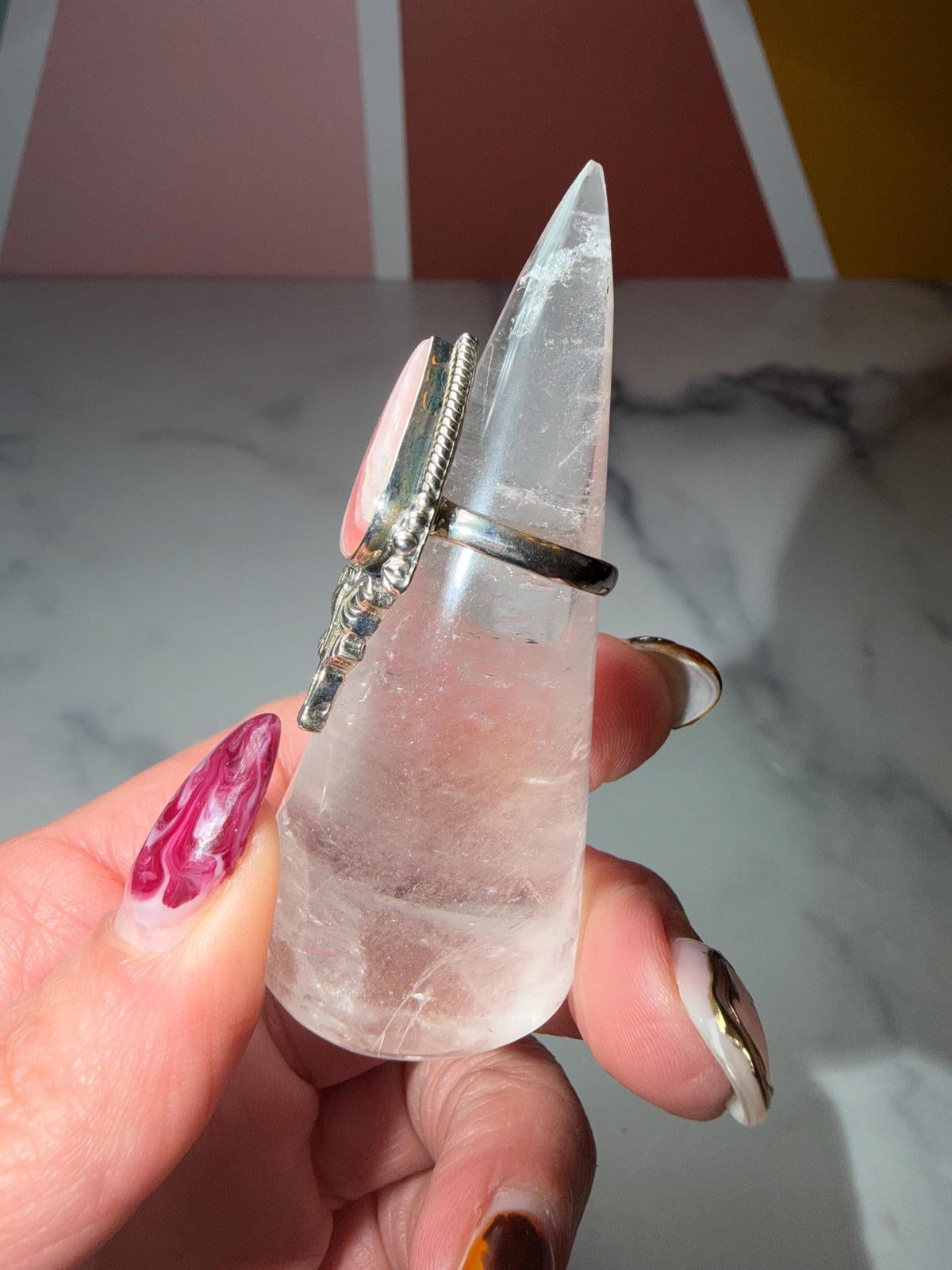 Rhodochrosite Luna Moth Ring • Sterling Silver Celestial Statement Jewelry (size 7)