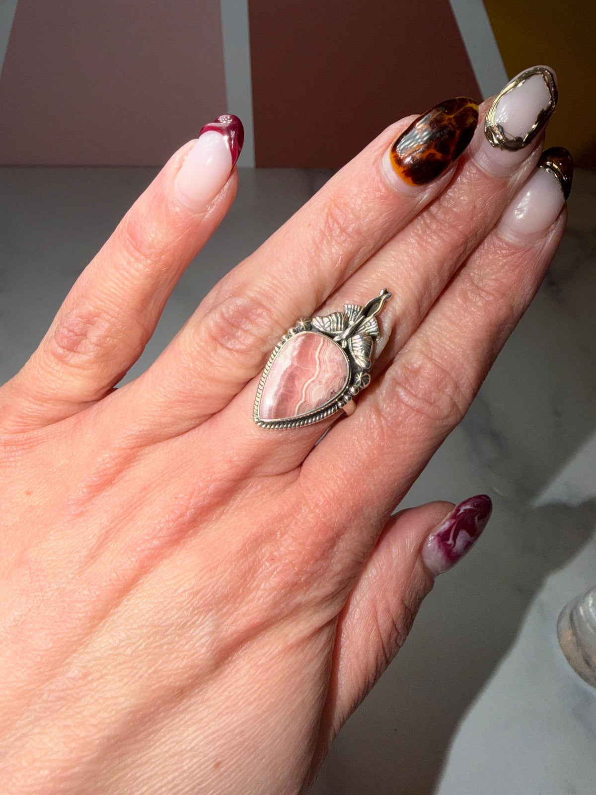 Rhodochrosite Luna Moth Ring • Sterling Silver Celestial Statement Jewelry (size 7)