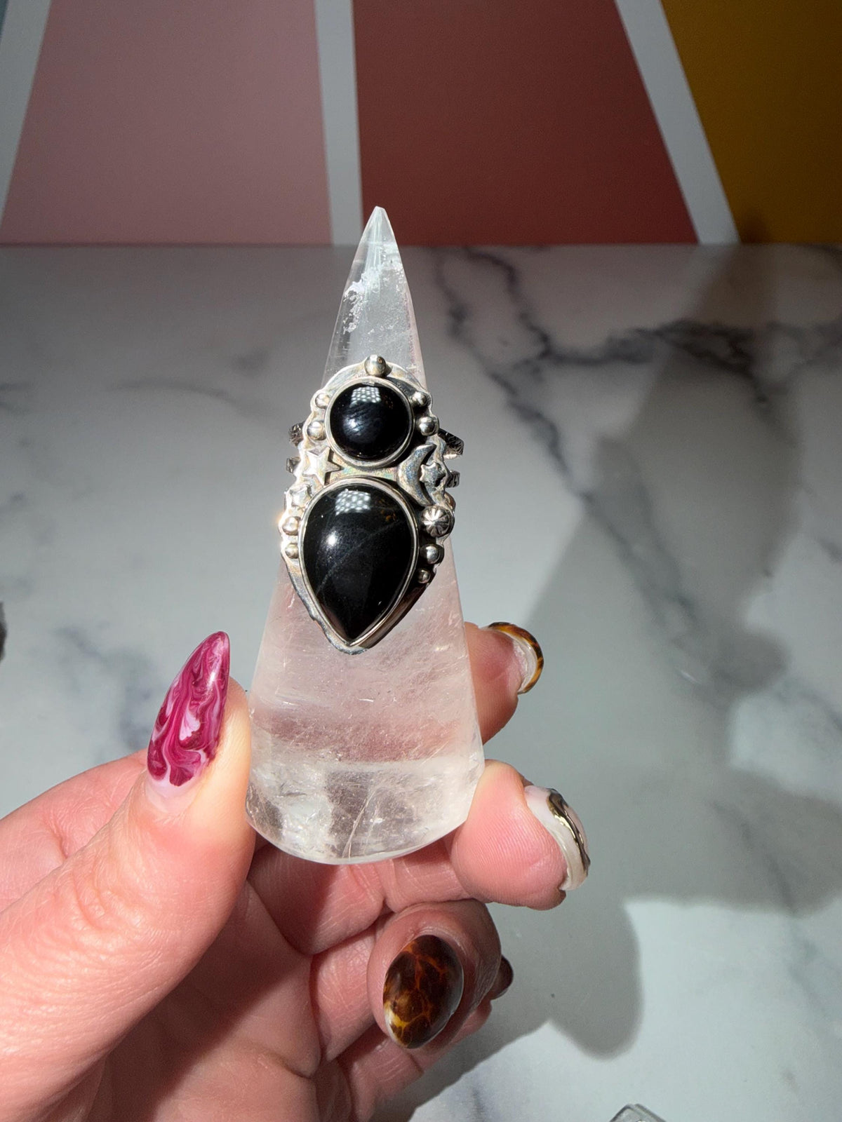 Double Black Onyx Ring • Celestial Sterling Silver Statement Gothic Jewelry (size 7)