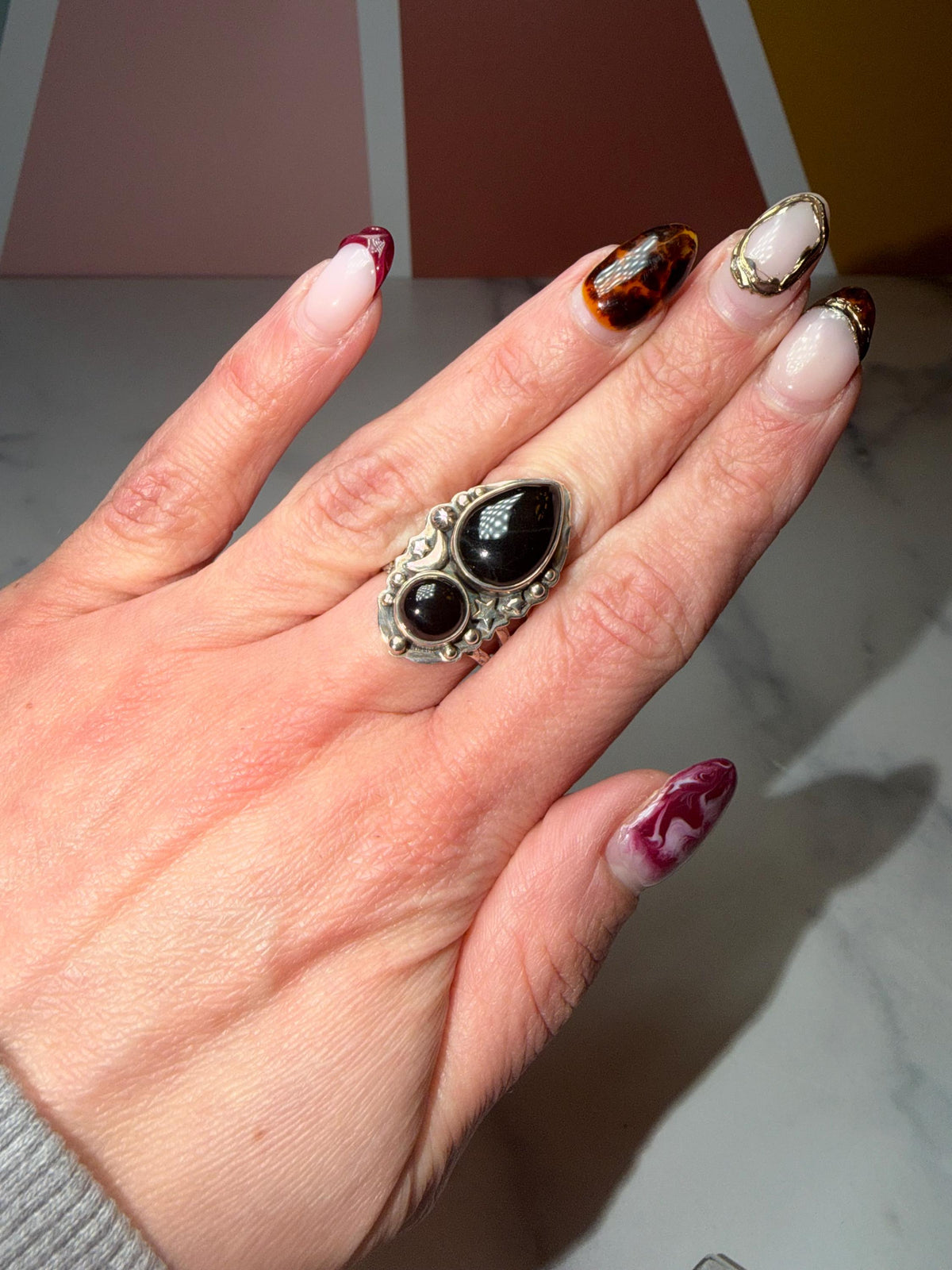 Double Black Onyx Ring • Celestial Sterling Silver Statement Gothic Jewelry (size 7)