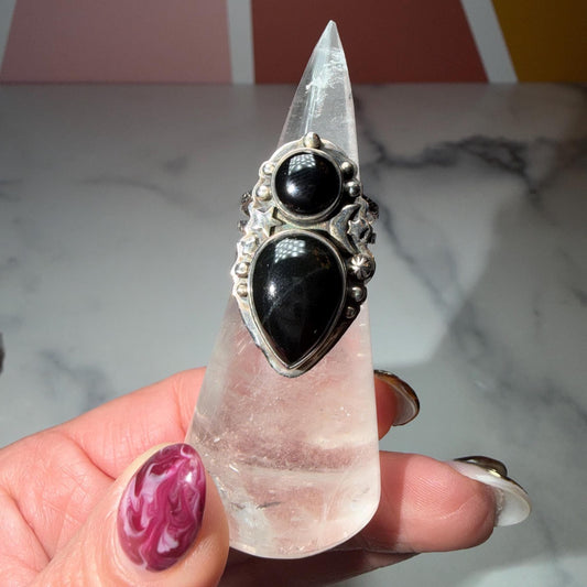 Double Black Onyx Ring • Celestial Sterling Silver Statement Gothic Jewelry (size 7)
