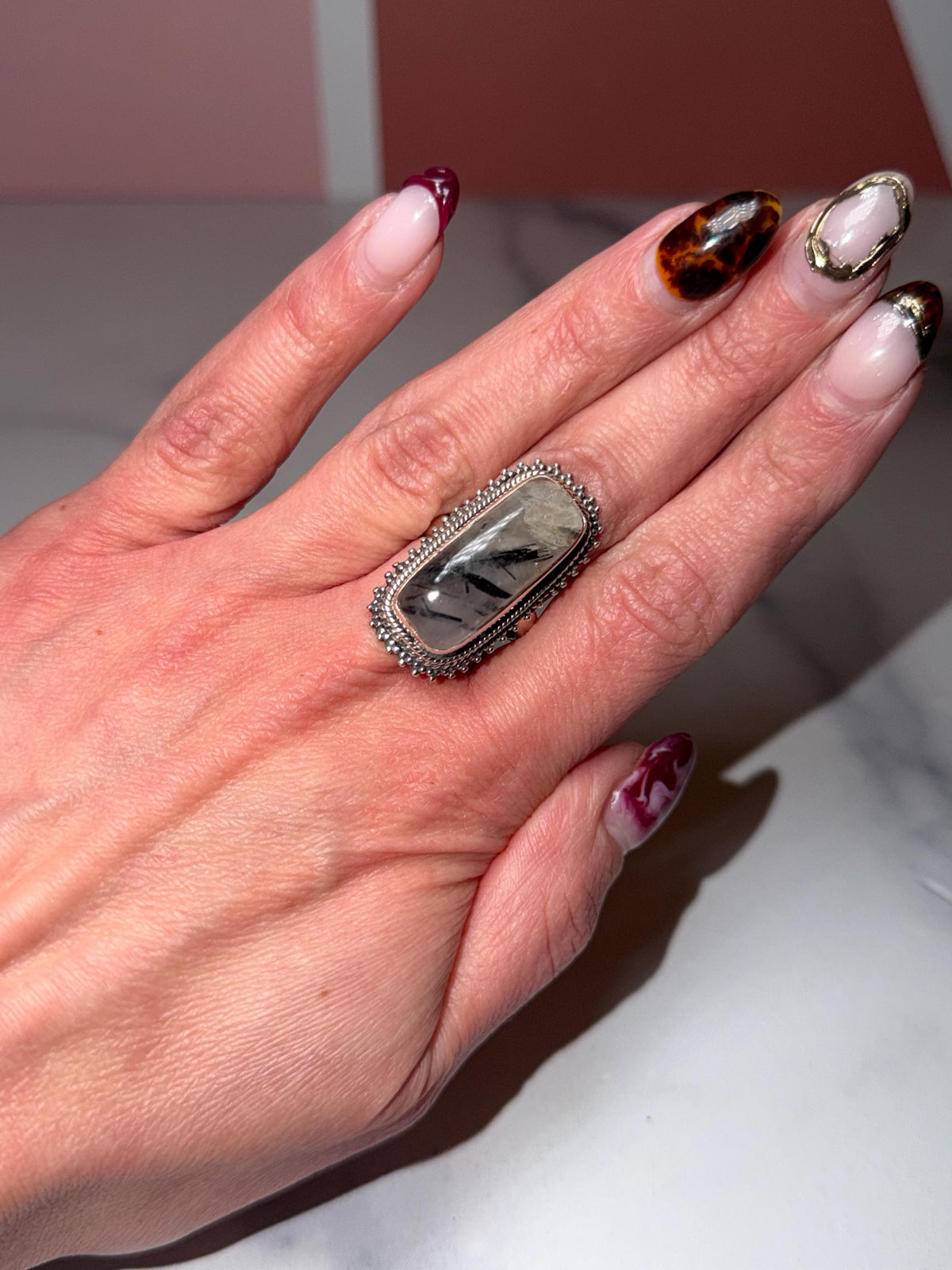 Sterling Silver Tourmaline Quartz Ring • Size 7 Statement Gemstone Boho Jewelry