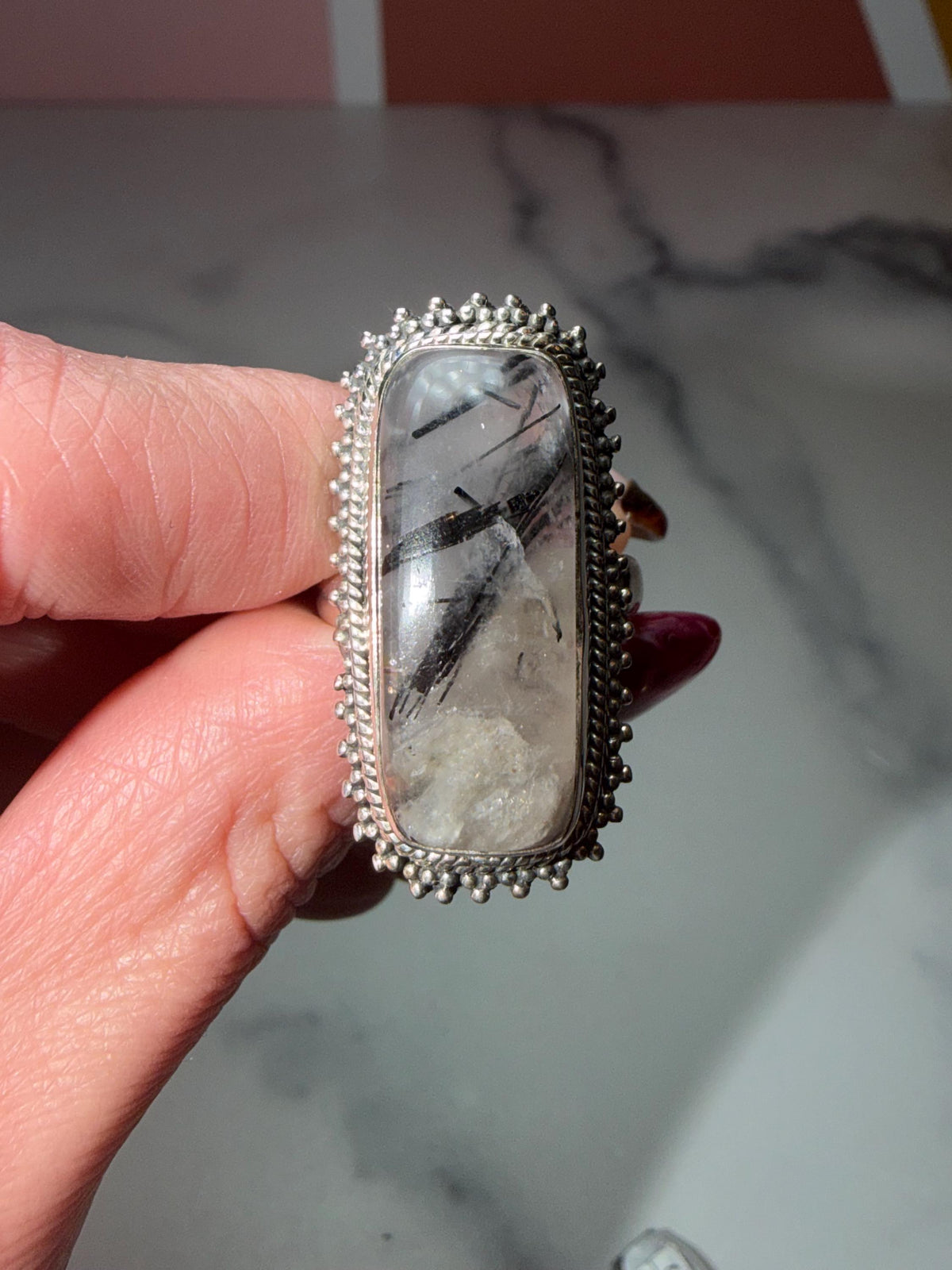 Sterling Silver Tourmaline Quartz Ring • Size 7 Statement Gemstone Boho Jewelry