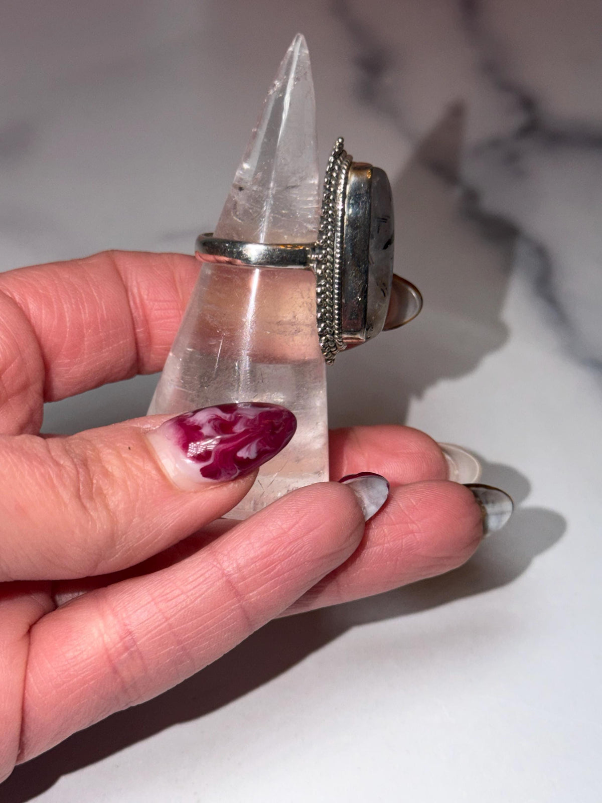 Sterling Silver Tourmaline Quartz Ring • Size 7 Statement Gemstone Boho Jewelry