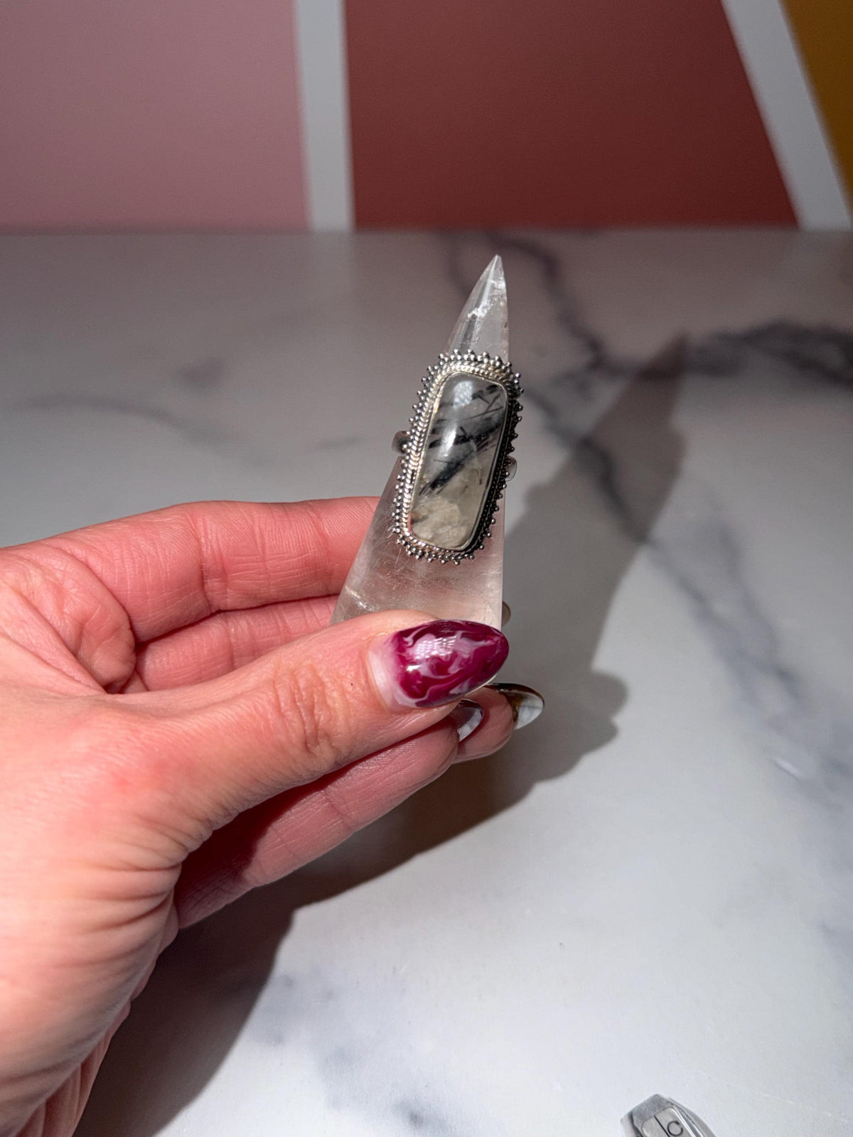 Sterling Silver Tourmaline Quartz Ring • Size 7 Statement Gemstone Boho Jewelry