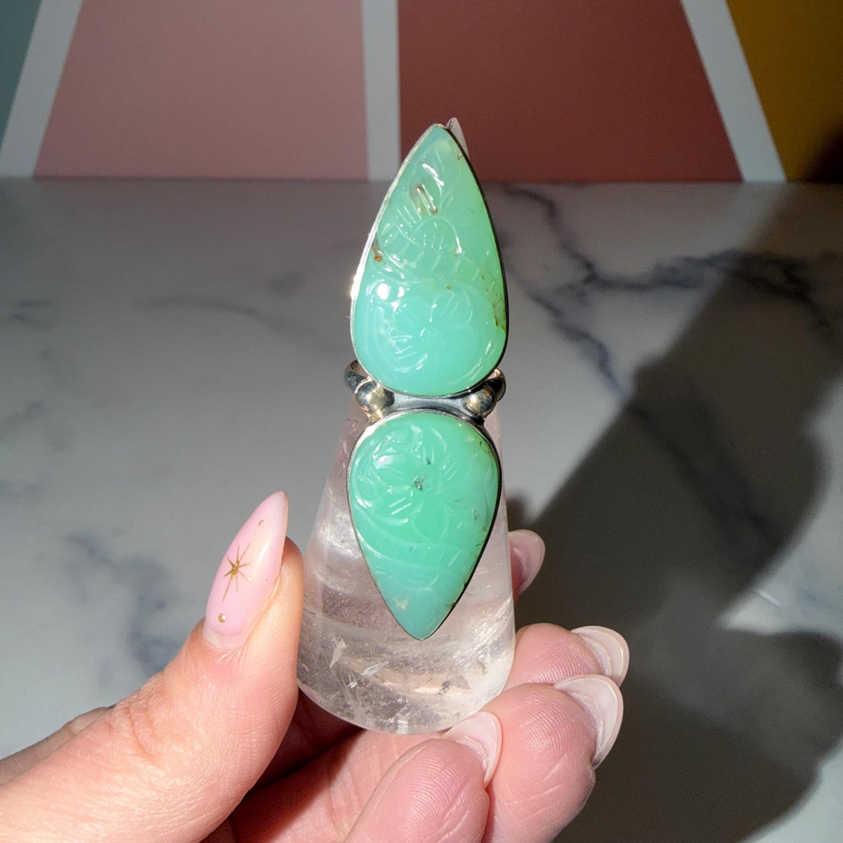 Double Carved Jade Statement Ring • 925 Sterling Silver • Boho Crystal Jewelry (Size 6)