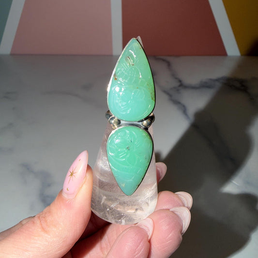 Double Carved Jade Statement Ring • 925 Sterling Silver • Boho Crystal Jewelry (Size 6)