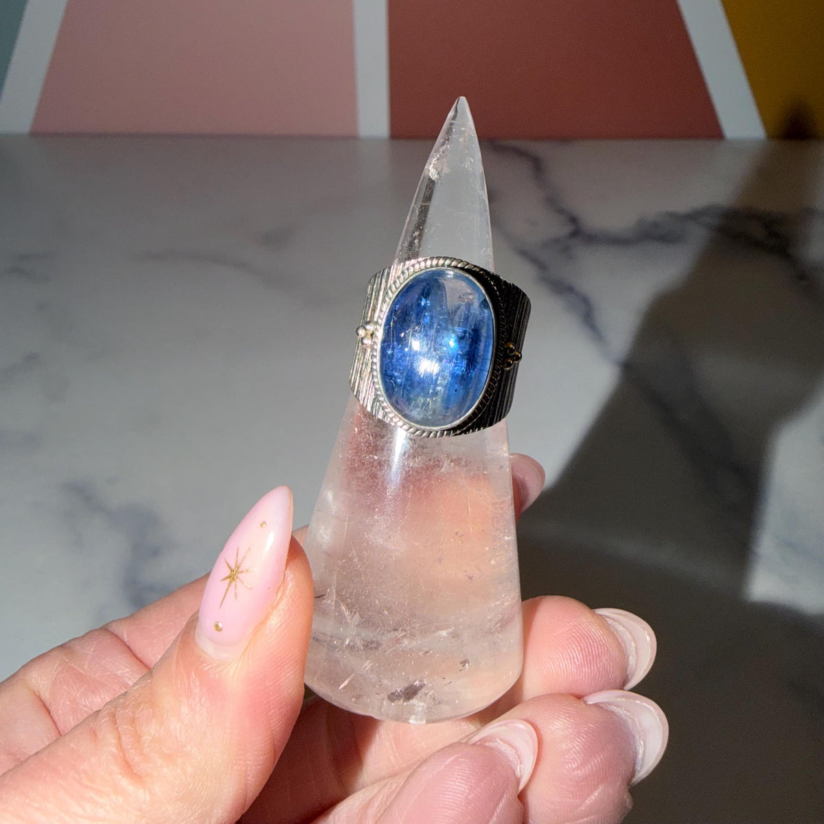 Blue Kyanite Cigar Band Ring • 925 Sterling Silver • Size 7.5 • Statement Gemstone Ring • Boho Crystal Jewelry