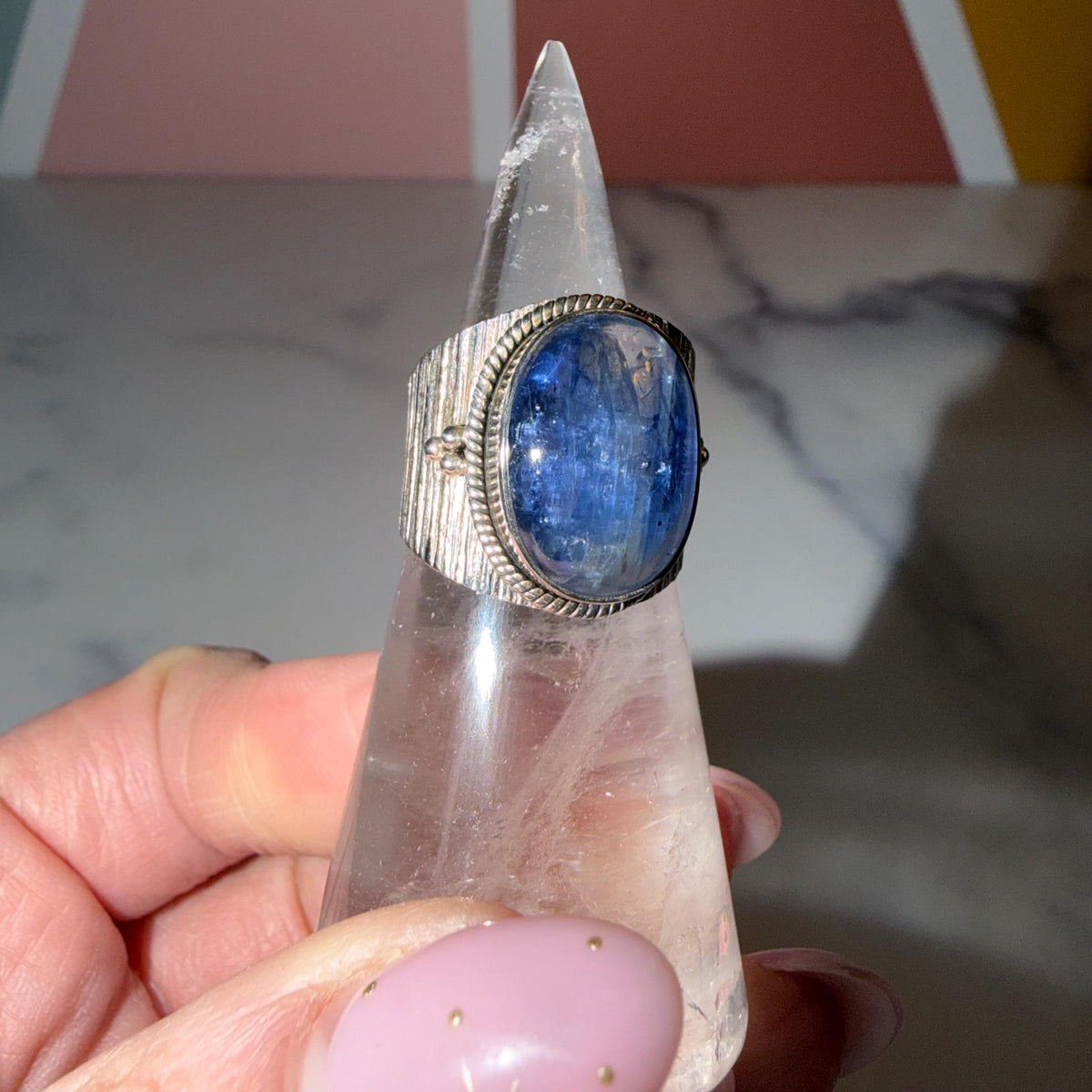 Blue Kyanite Cigar Band Ring • 925 Sterling Silver • Size 7.5 • Statement Gemstone Ring • Boho Crystal Jewelry
