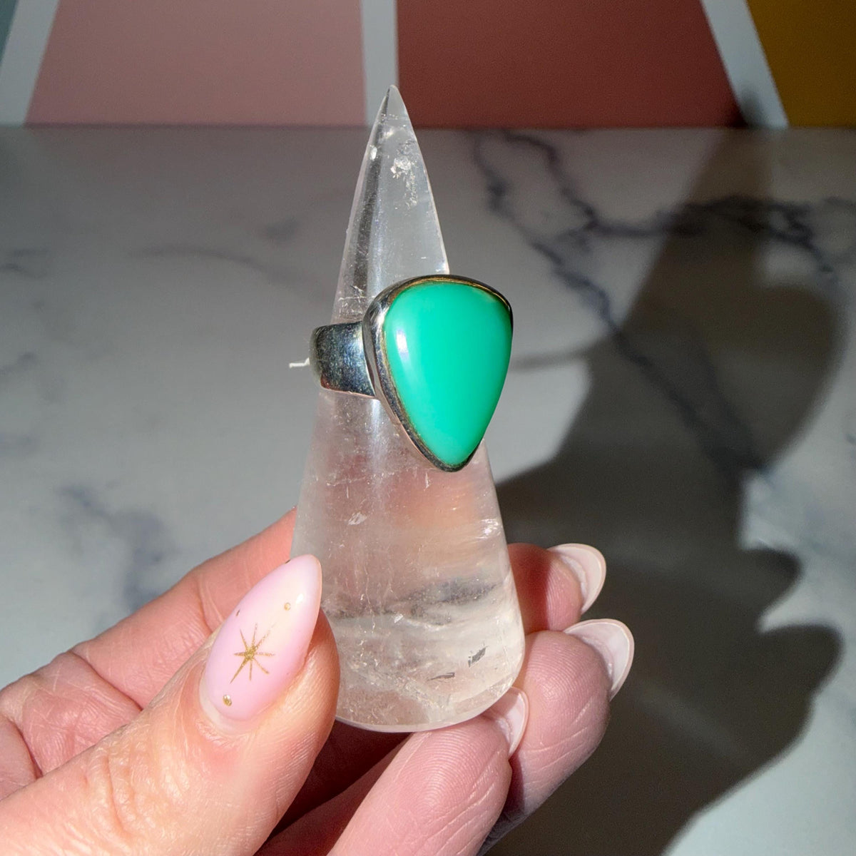 Chrysoprase Sterling Silver Ring • Boho Green Gemstone Statement Jewelry (Size 7)