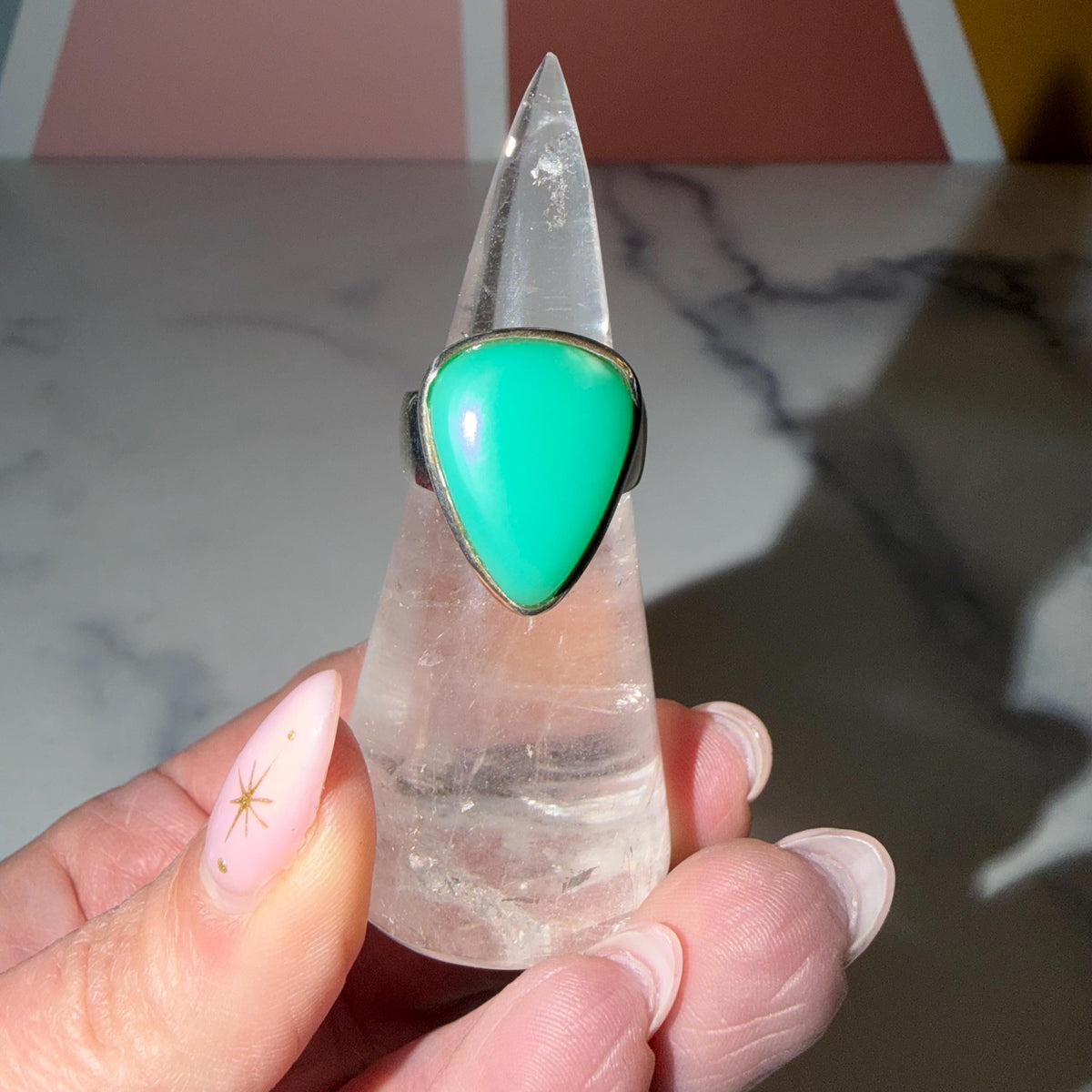 Chrysoprase Sterling Silver Ring • Boho Green Gemstone Statement Jewelry (Size 7)