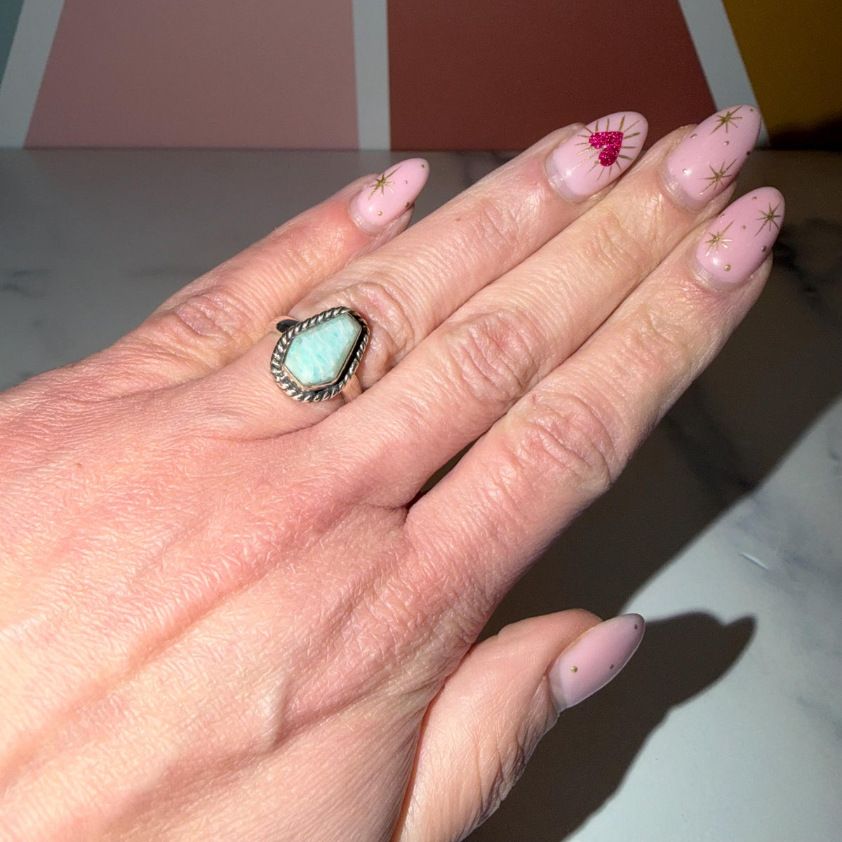Amazonite Coffin Ring • 925 Sterling Silver • Size 6 • Gothic Gemstone Ring • Statement Crystal Jewelry • Boho Witchy Ring