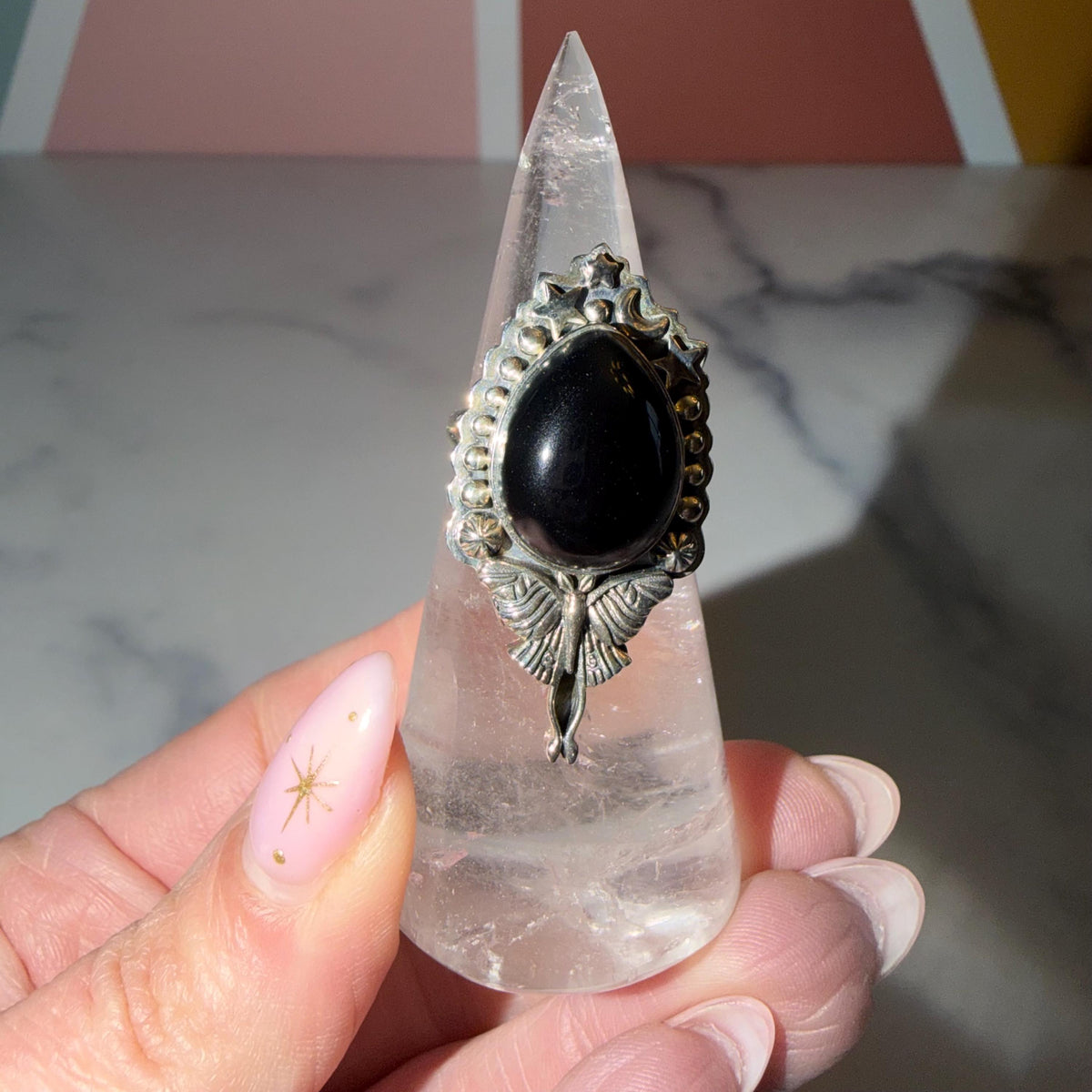 Black Onyx Luna Moth Ring • 925 Sterling Silver • Gothic Boho Statement Jewelry (Size 7)