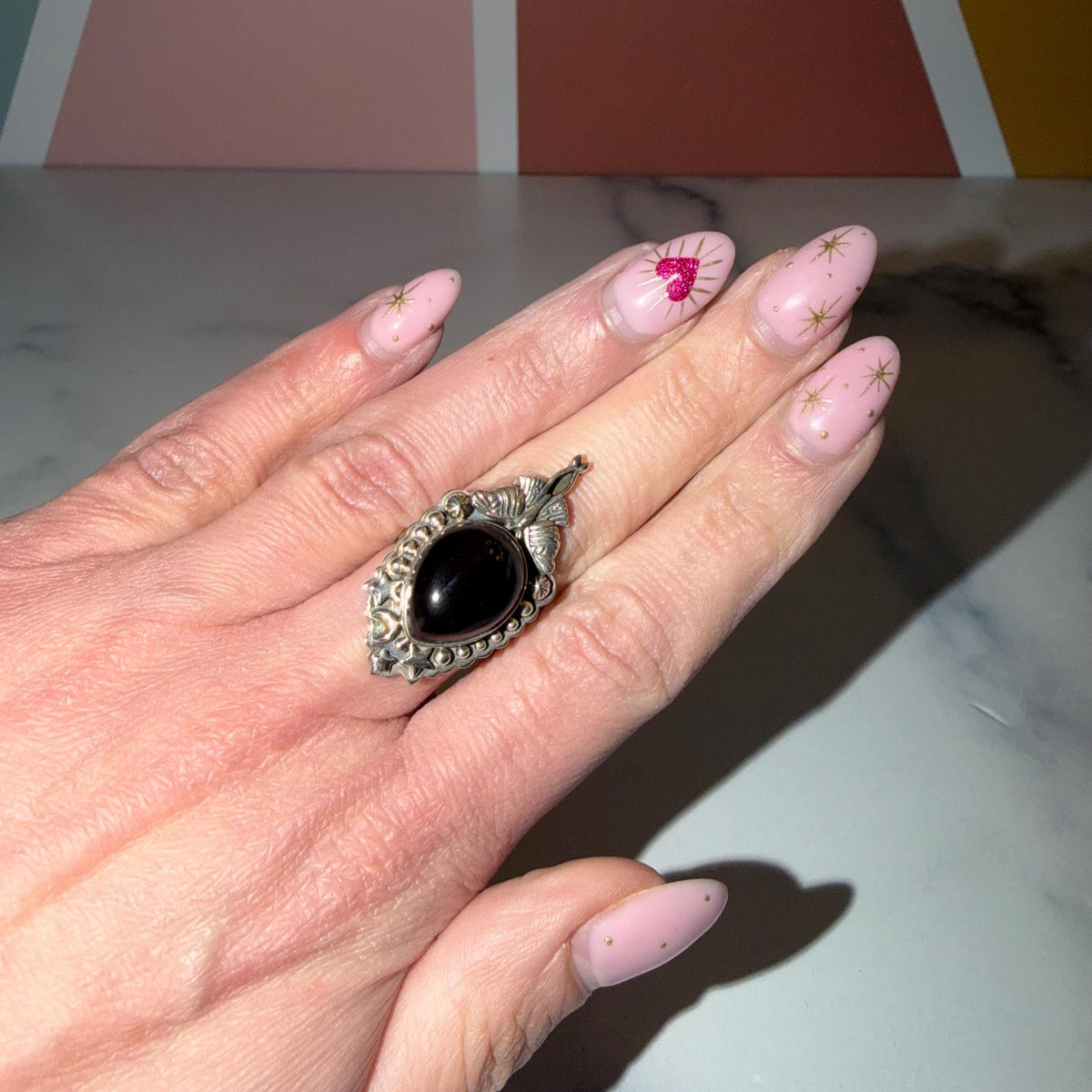 Black Onyx Luna Moth Ring • 925 Sterling Silver • Gothic Boho Statement Jewelry (Size 7)