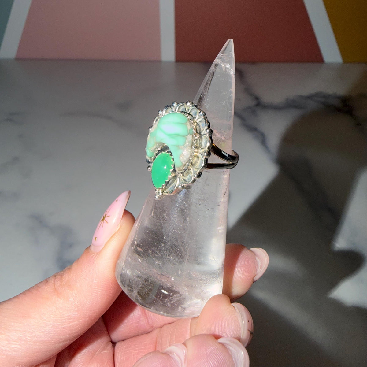 Variscite Chrysoprase Moon Ring • 925 Sterling Silver Statement Gemstone Boho Jewelry (Size 6)