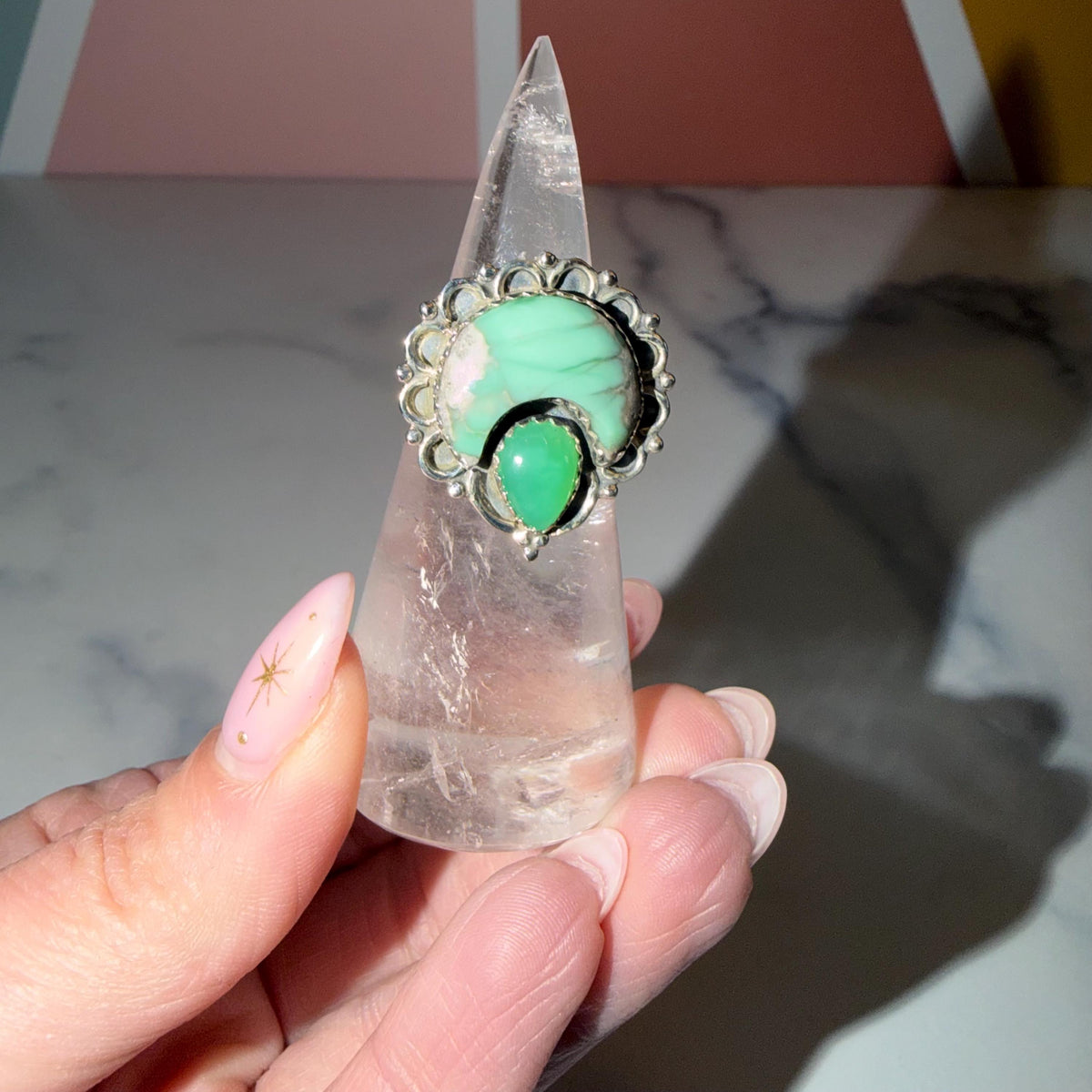 Variscite Chrysoprase Moon Ring • 925 Sterling Silver Statement Gemstone Boho Jewelry (Size 6)