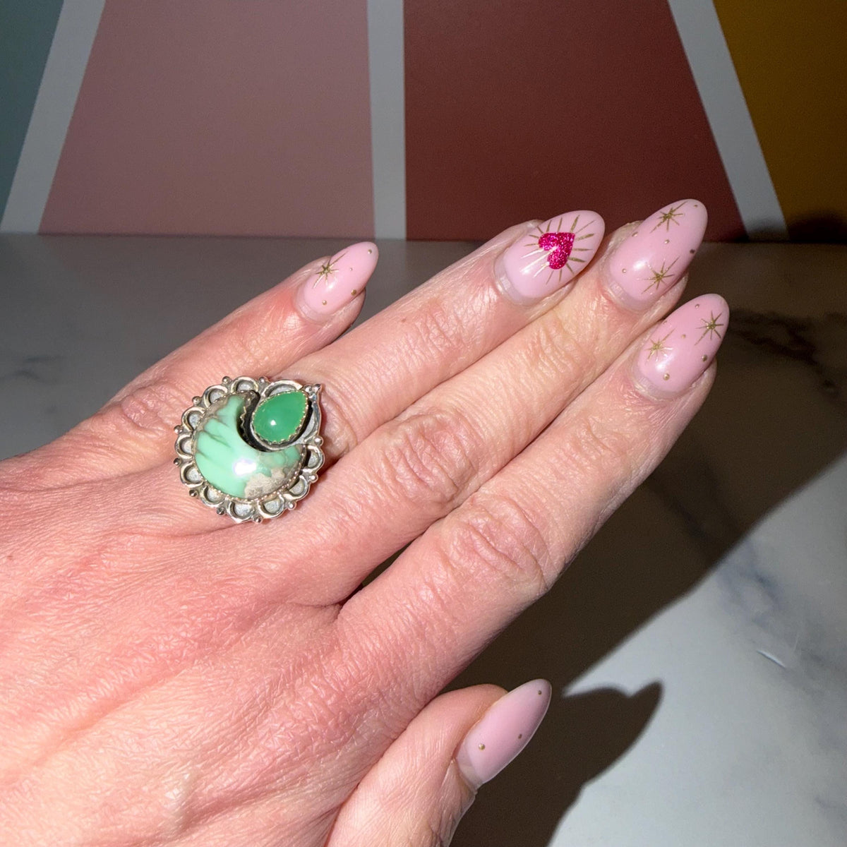 Variscite Chrysoprase Moon Ring • 925 Sterling Silver Statement Gemstone Boho Jewelry (Size 6)