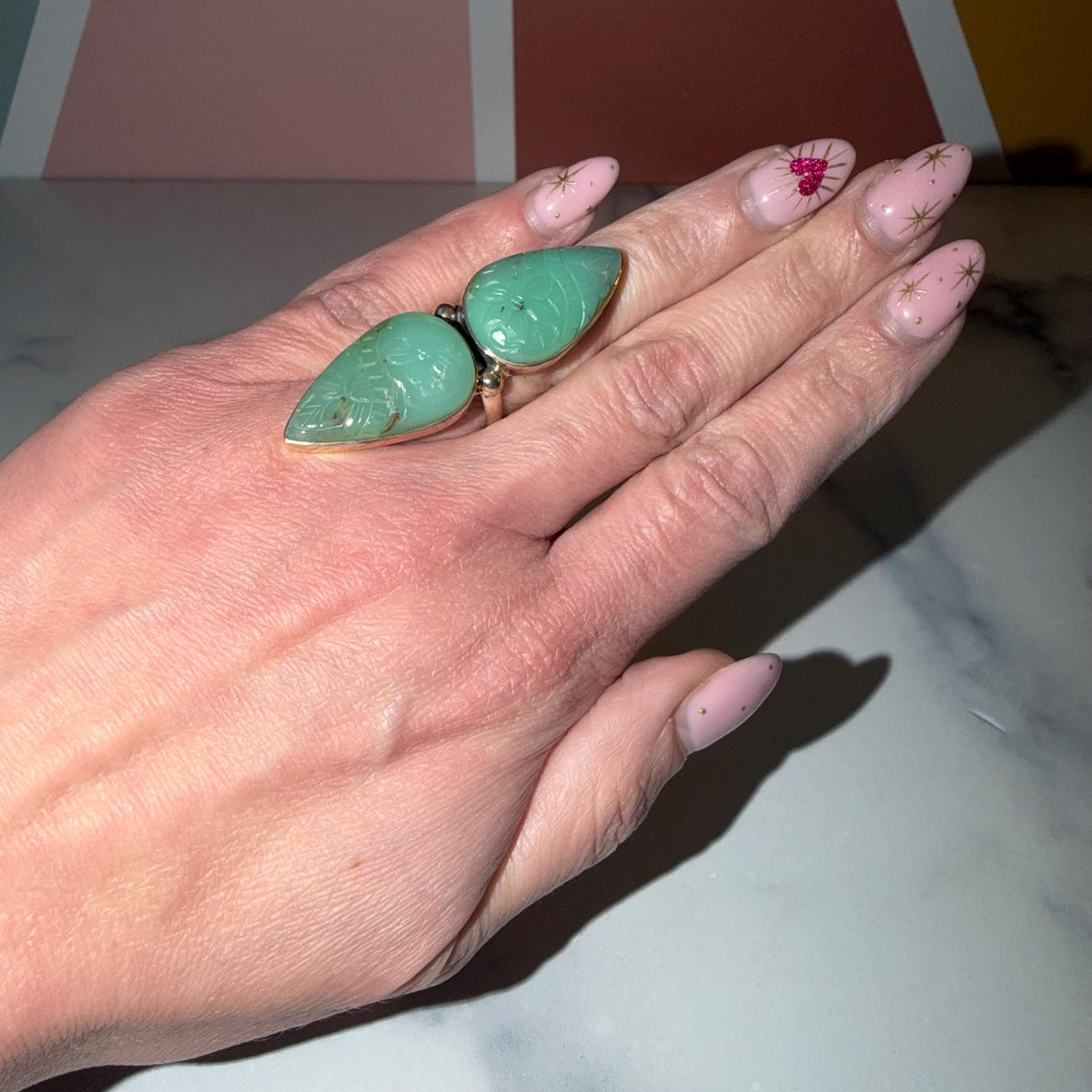 Double Carved Jade Statement Ring • 925 Sterling Silver • Boho Crystal Jewelry (Size 6)