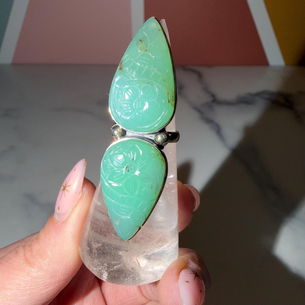 Double Carved Jade Statement Ring • 925 Sterling Silver • Boho Crystal Jewelry (Size 6)