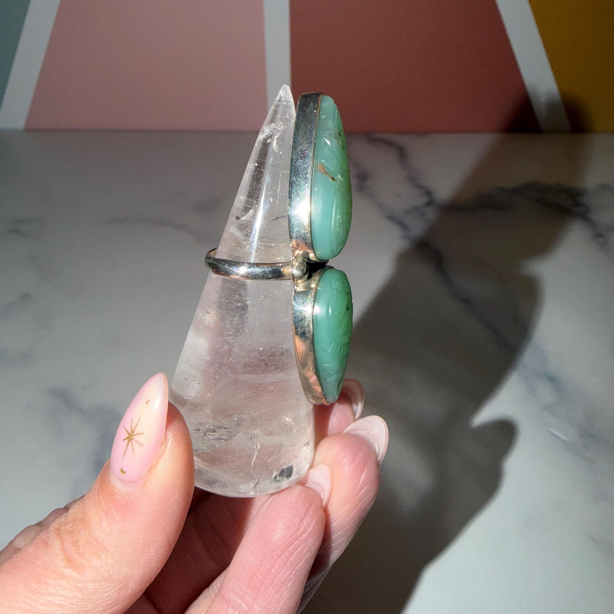 Double Carved Jade Statement Ring • 925 Sterling Silver • Boho Crystal Jewelry (Size 6)