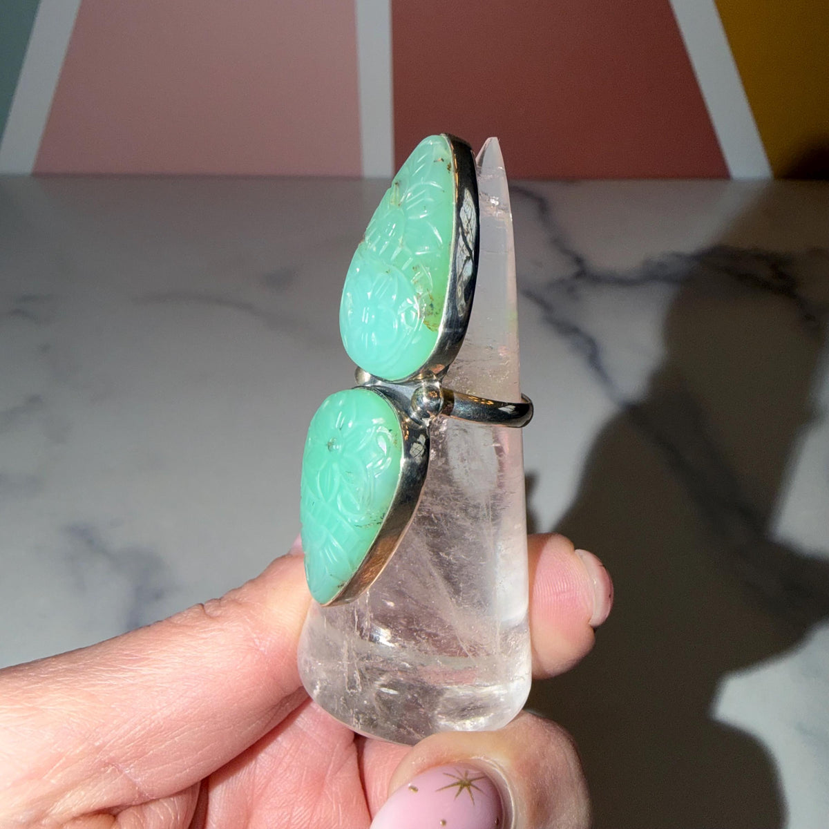 Double Carved Jade Statement Ring • 925 Sterling Silver • Boho Crystal Jewelry (Size 6)