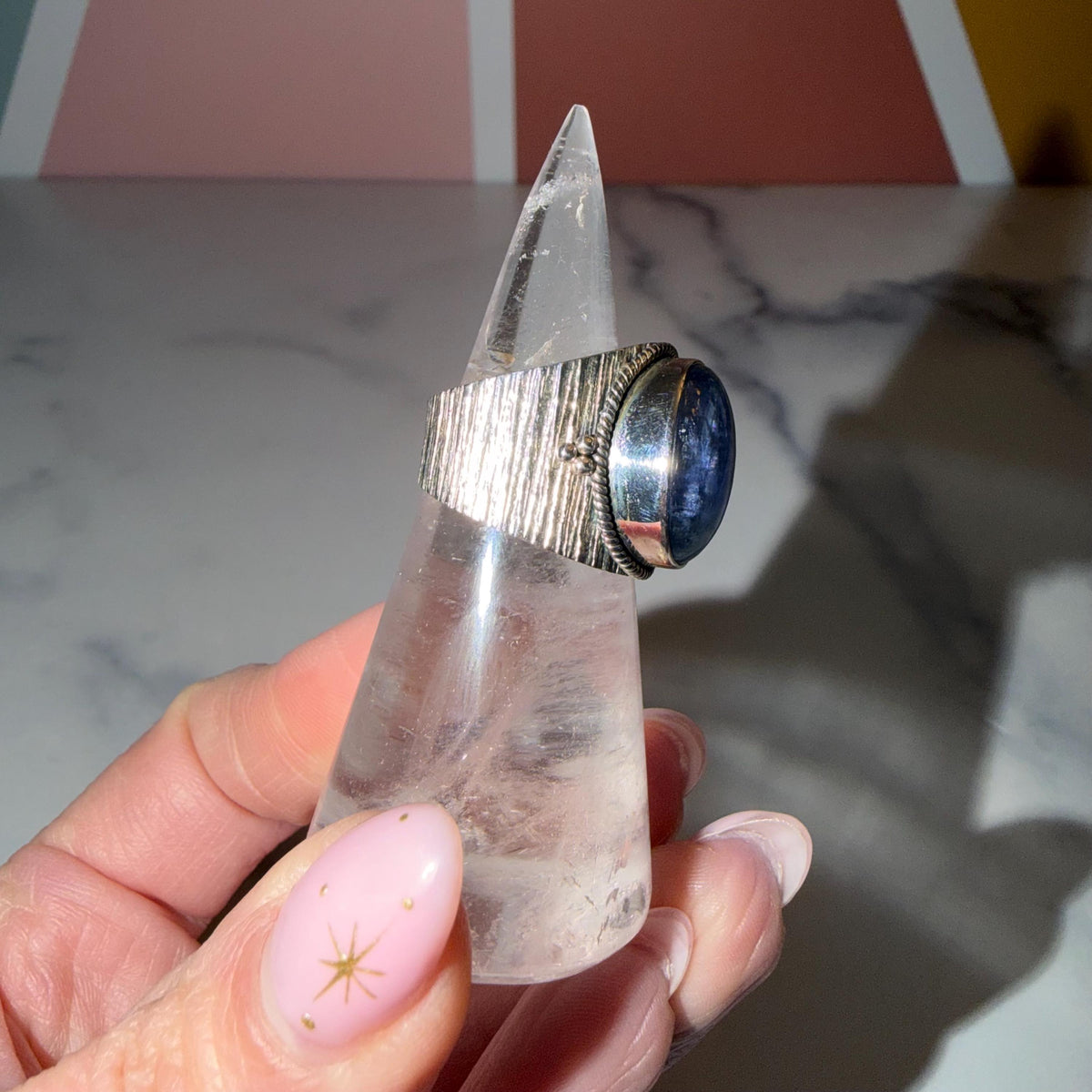 Blue Kyanite Cigar Band Ring • 925 Sterling Silver • Size 7.5 • Statement Gemstone Ring • Boho Crystal Jewelry