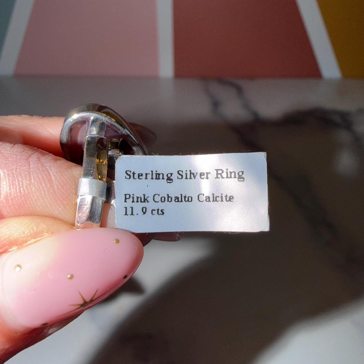 Pink Cobalto Calcite Heart Ring • Sterling Silver Hammered Band • Size 7.75