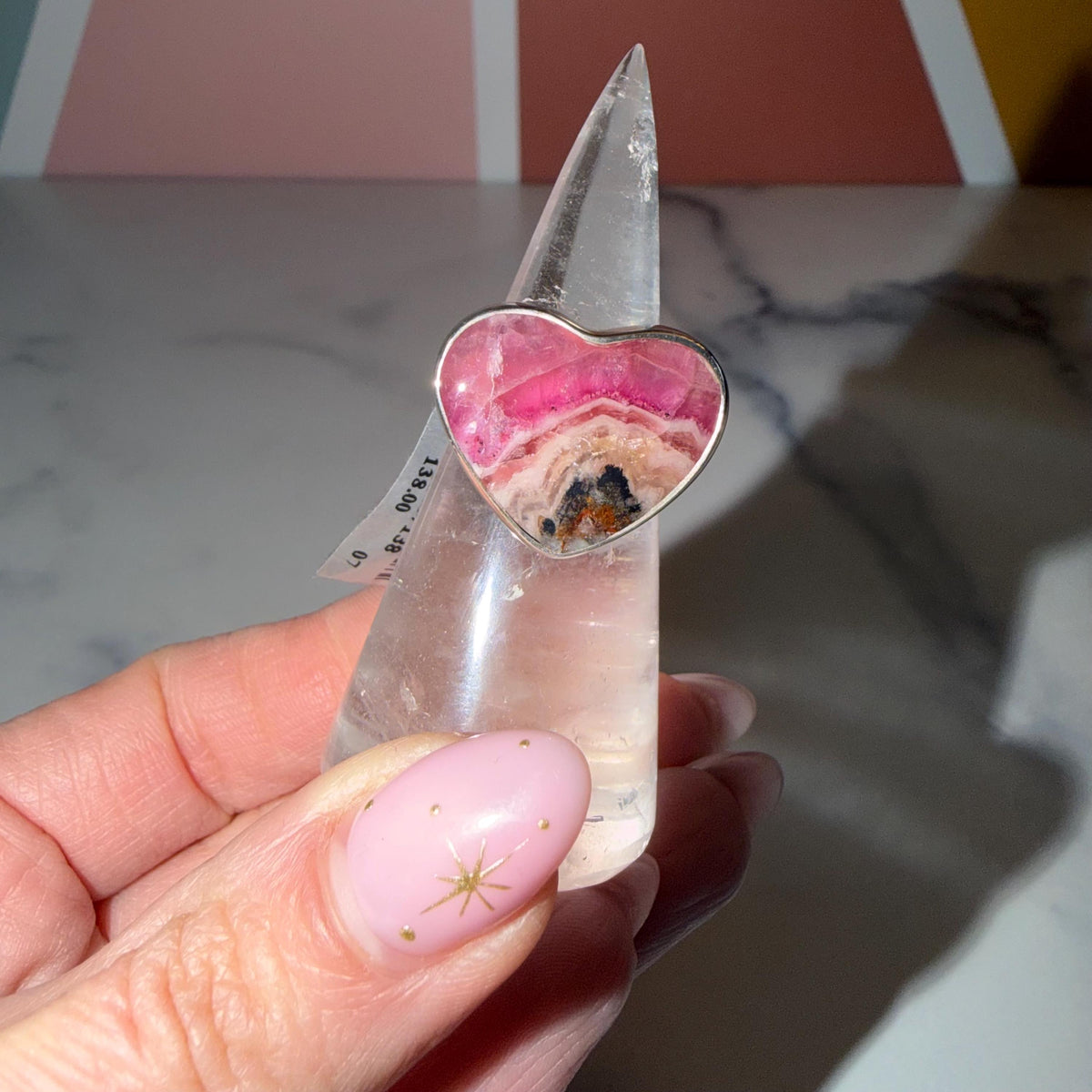 Pink Cobalto Calcite Heart Ring • Sterling Silver Hammered Band • Size 7.75