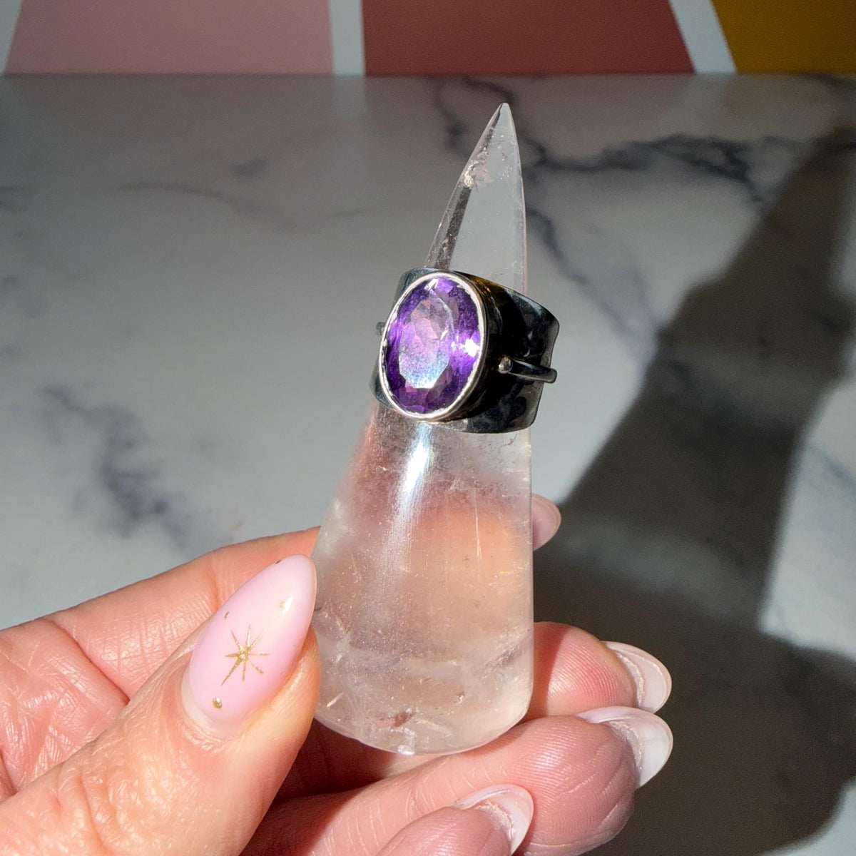 Faceted Amethyst Cigar Band Ring • 925 Sterling Silver • Size 7 • Purple Gemstone Statement Ring • Boho Jewelry