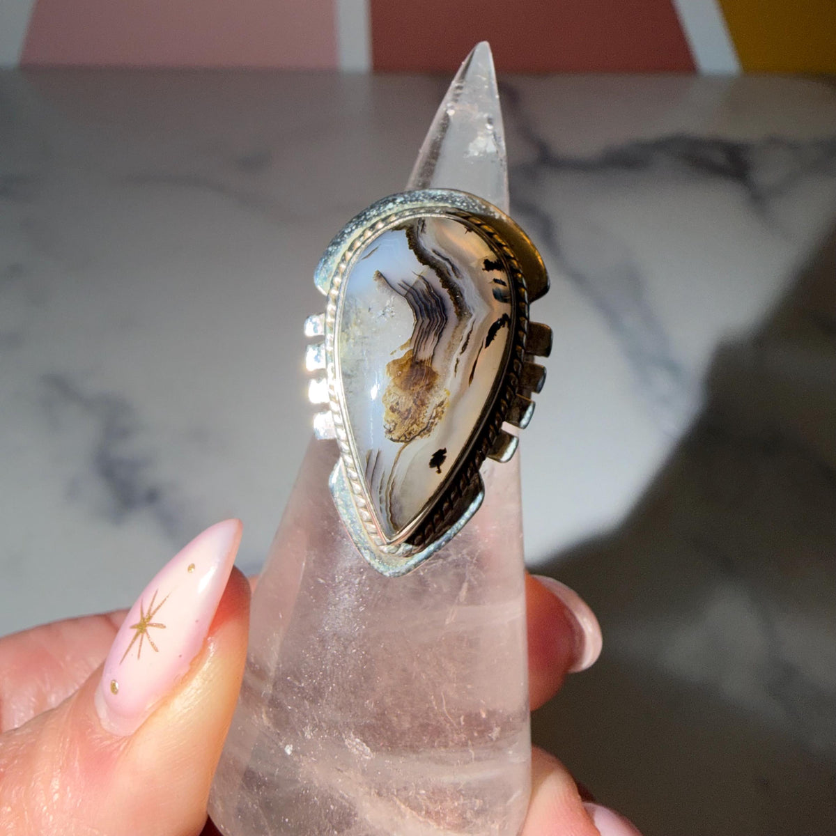 Montana Agate Teardrop Ring • Hammered Sterling Silver Statement Boho Jewelry (size 6.5)